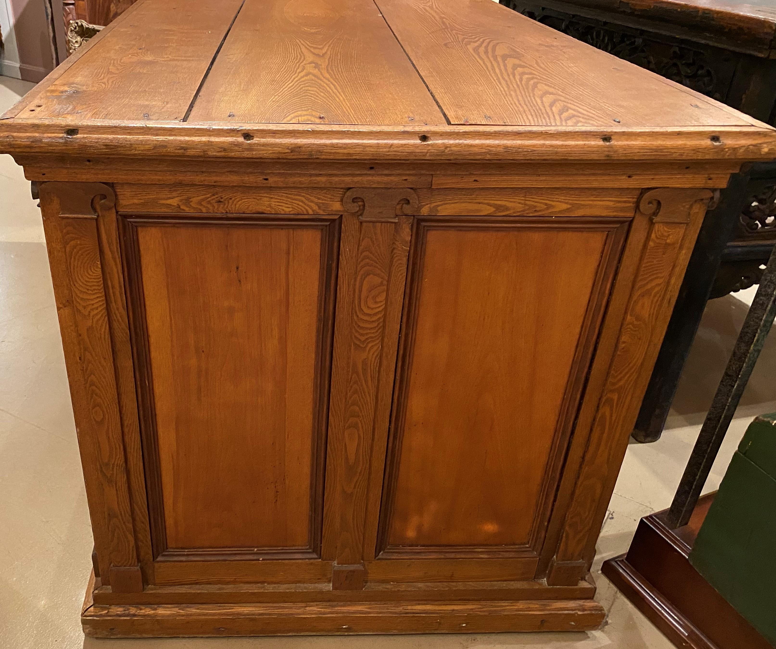 Early 20th Century Oak Store Paneled Counter or Desk w/ Birds Eye Drawer Fronts For Sale 1