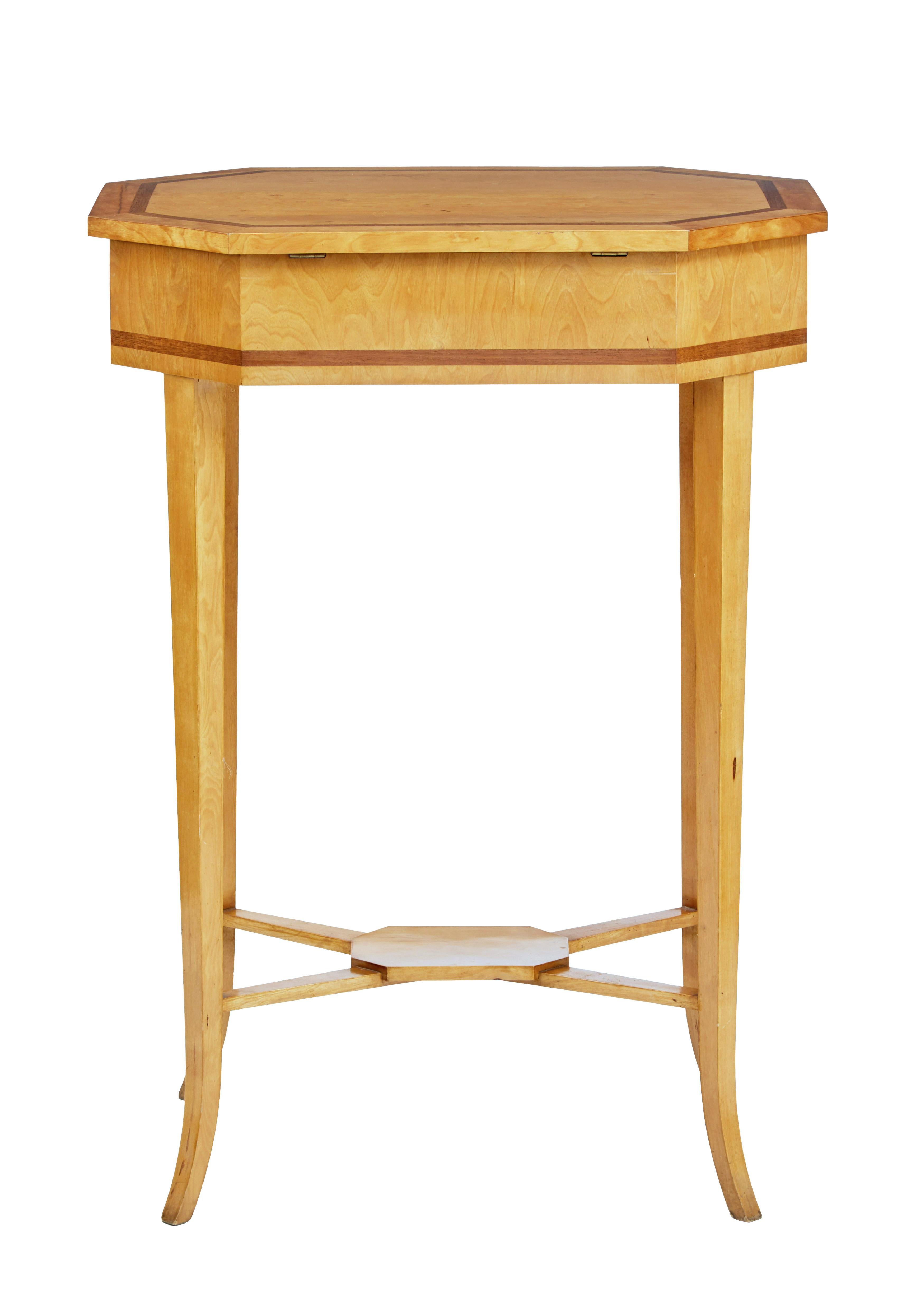 Good quality birch work table, circa 1900.

Octagonal shaped top with oak crossbanding. Top opens to reveal a fully fitted interior of compartments.

Central section lifts out for further secret storage. Front compartment turns over for a pin