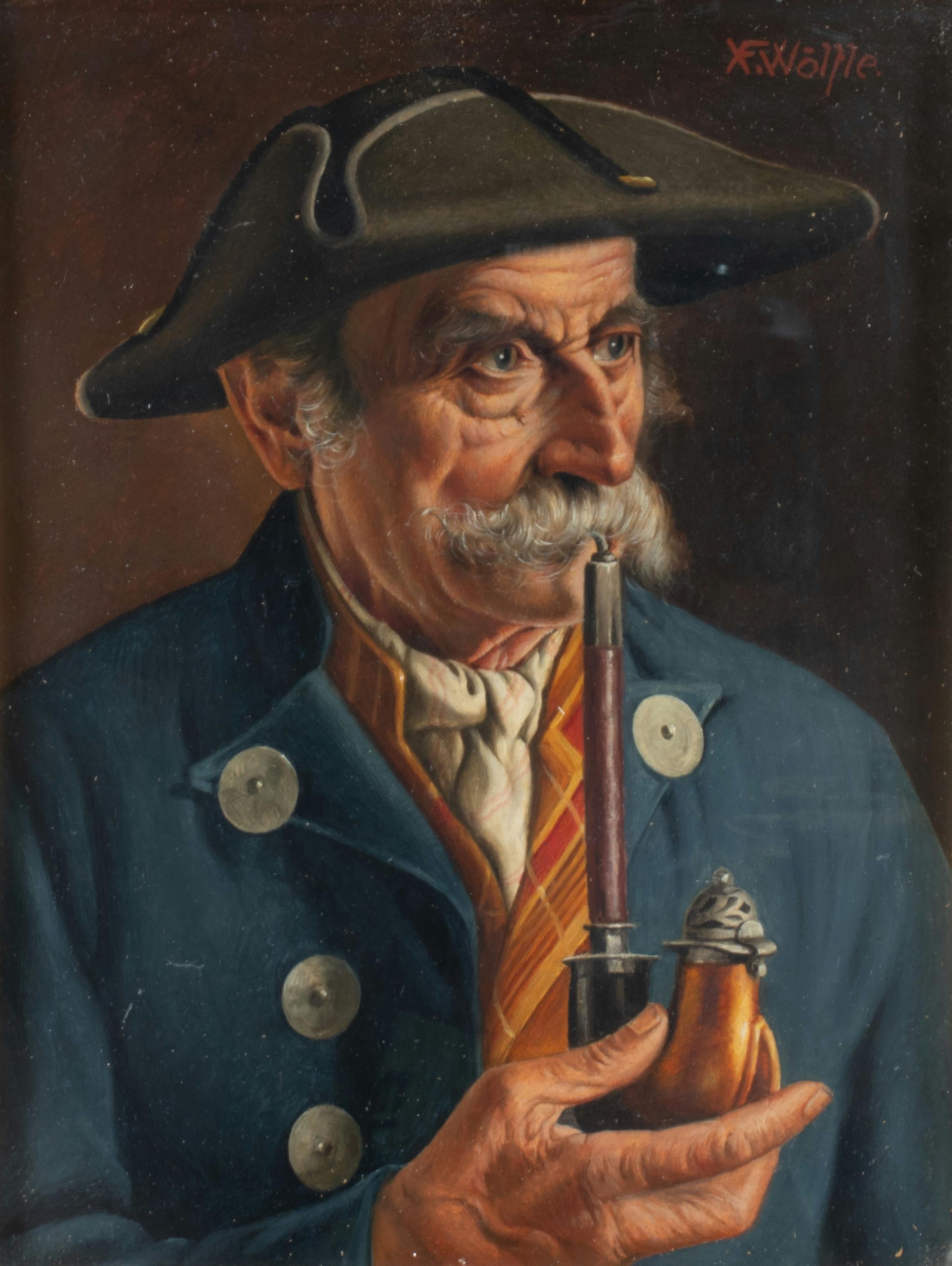 This small and charming oil on a wooden panel presents a strong personality, depicting a venerable older man with a mustache smoking a pipe and wearing Tyrolean garb. The painting is signed 