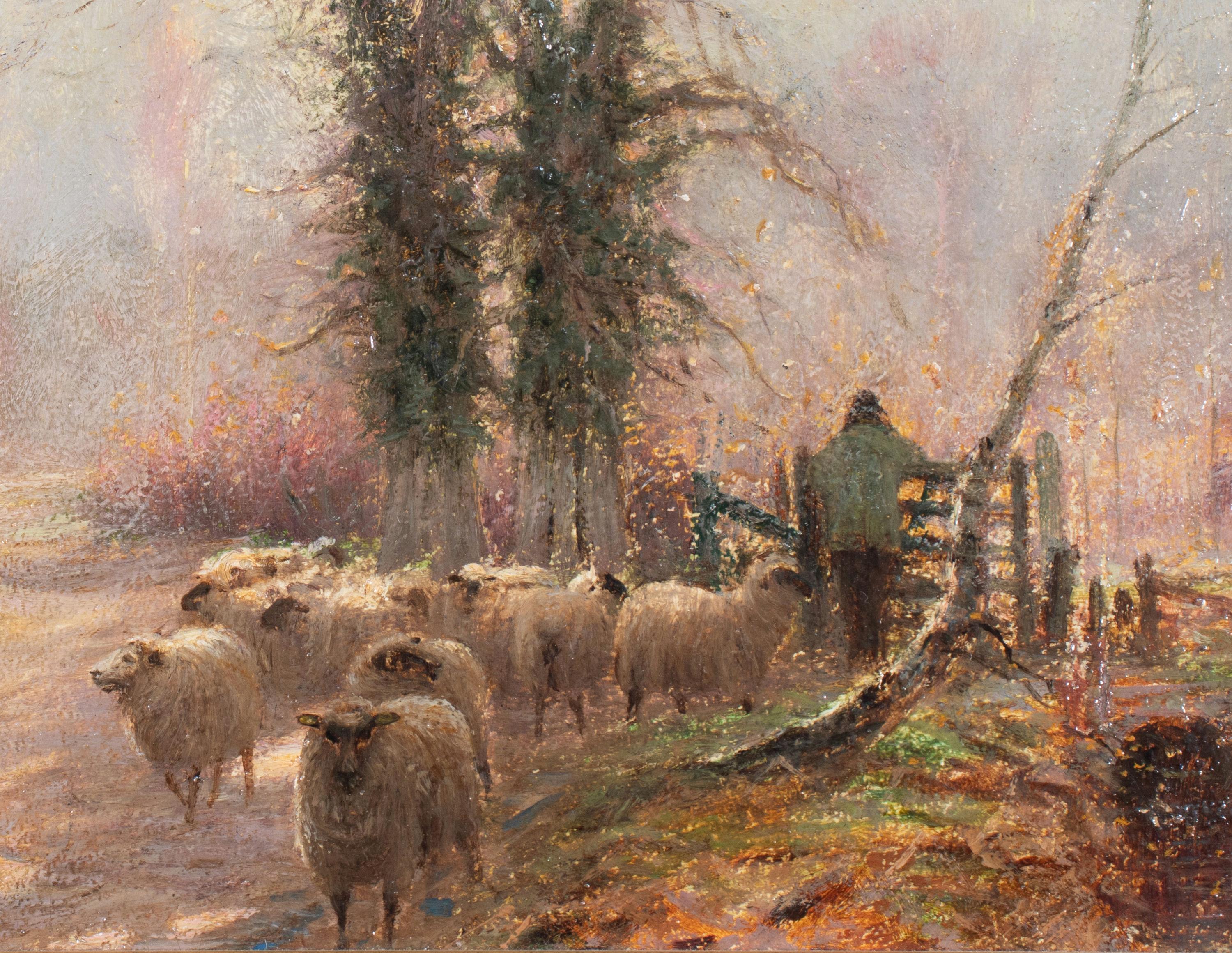 Questo piccolo e meraviglioso dipinto a olio su cartoncino dell'artista britannico Sidney Pike (1846-1907) raffigura un paesaggio autunnale con un cane e un pastore che si occupano di un gregge di pecore. Il cartoncino sarebbe stato utilizzato più