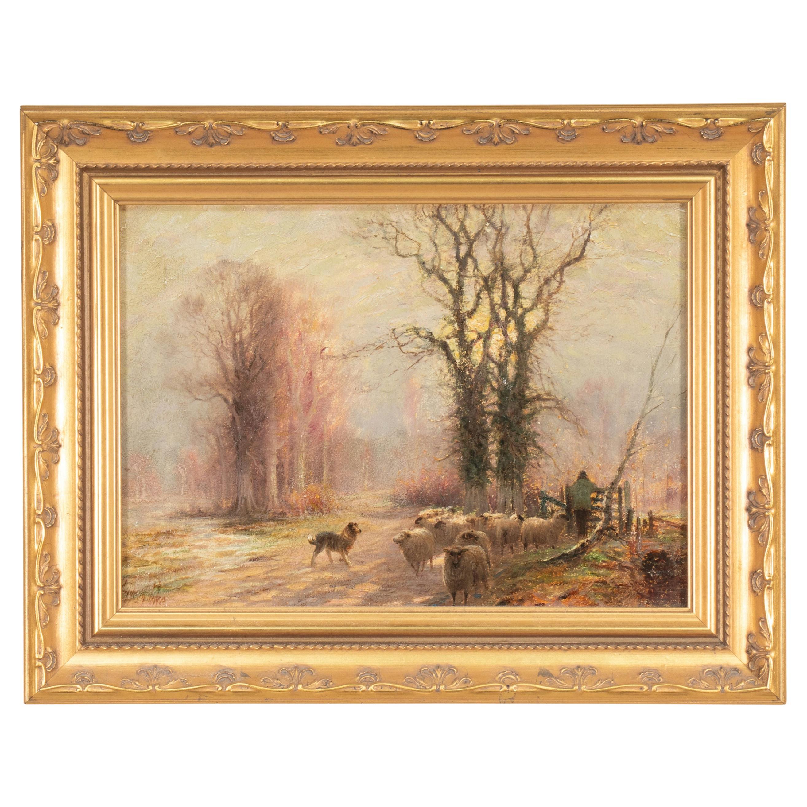 Early 20th Century Oil on Board  "Dog Tending the Flock" by Sydney Pike