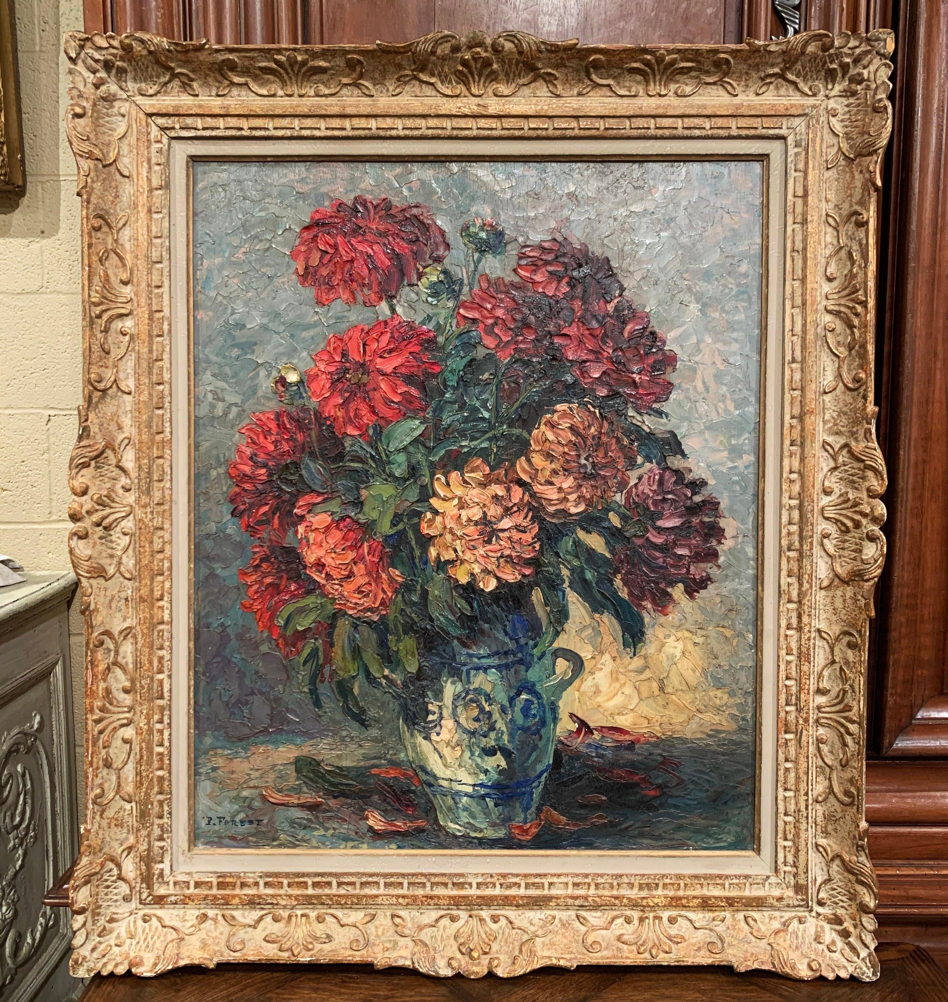 Wood Early 20th Century Oil on Board Flower Painting in Carved Frame Signed P. Forest