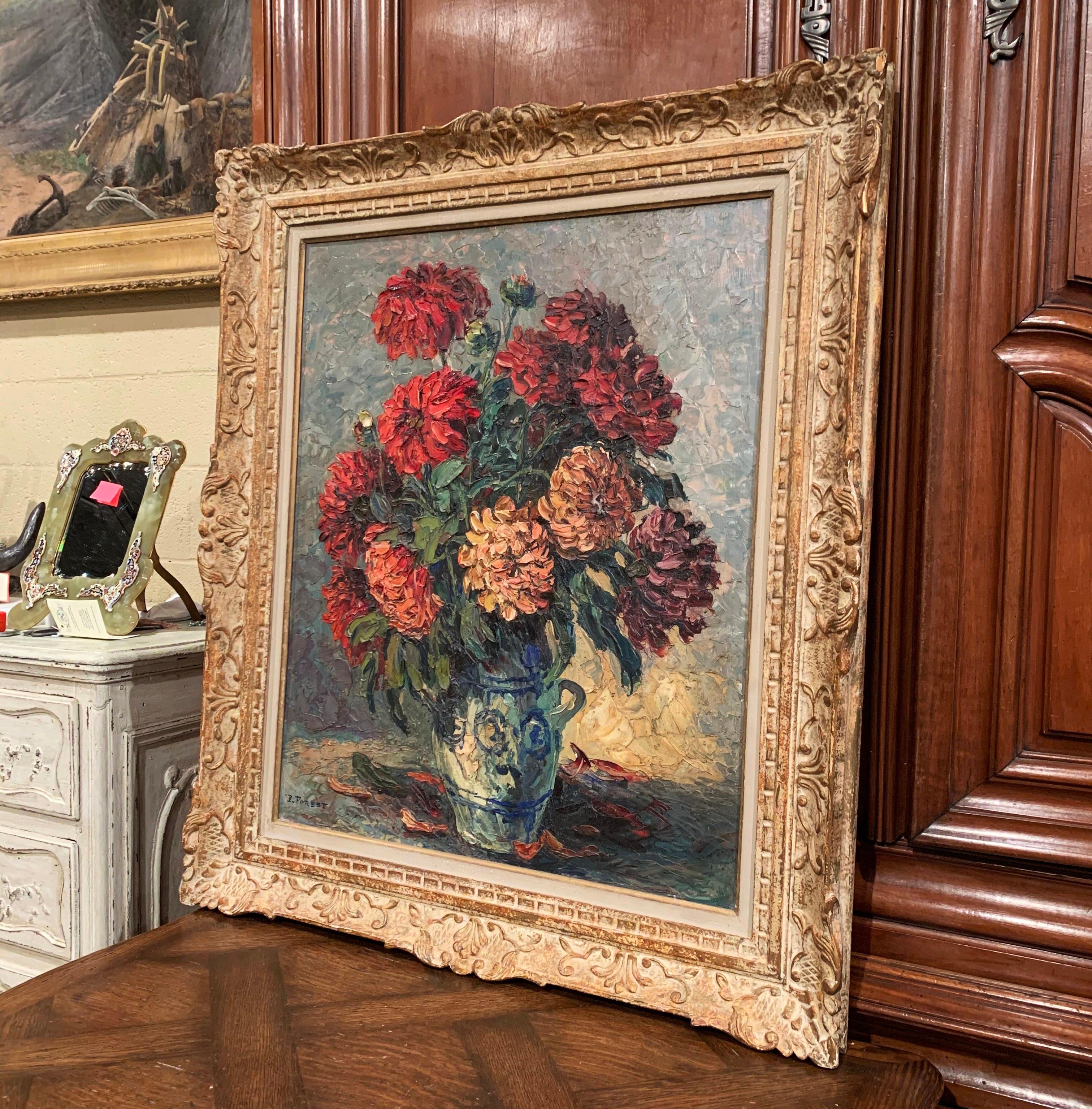 Early 20th Century Oil on Board Flower Painting in Carved Frame Signed P. Forest 3