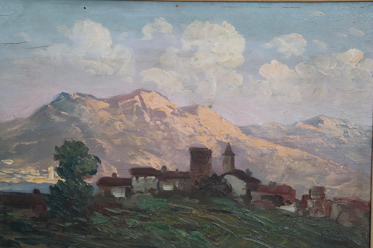 Beautiful oil painting on board 1930s. A splendid italian mountain Town. Signed by Italian artist Ermanno Clara. Ermanno Clara Piedmontese artist active during the twentieth century, was born in Turin in 1880, died in Milan in 1946 at the age of 66.