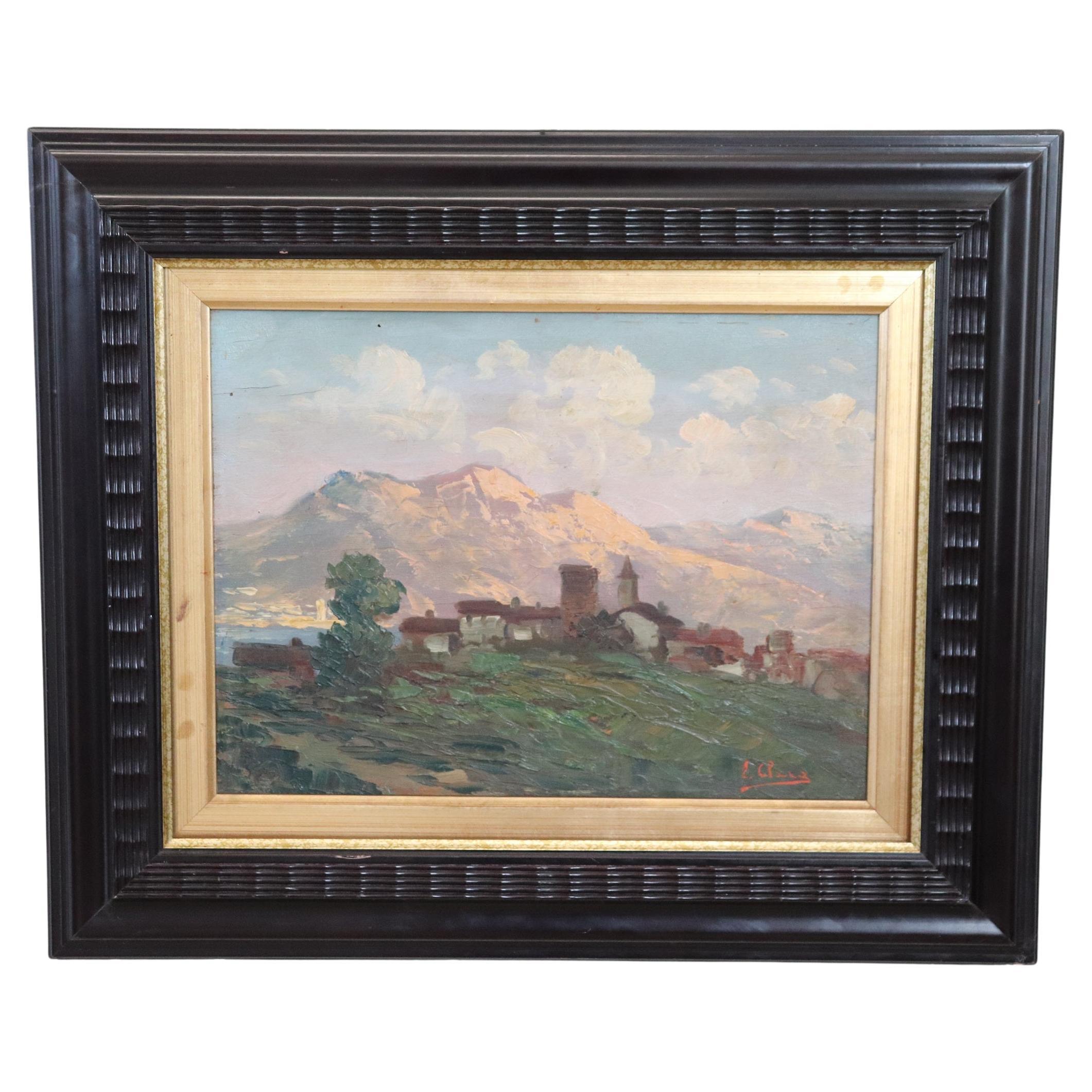 Peinture italienne à l'huile sur panneau du début du XXe siècle représentant une ville de montagne, signée en vente