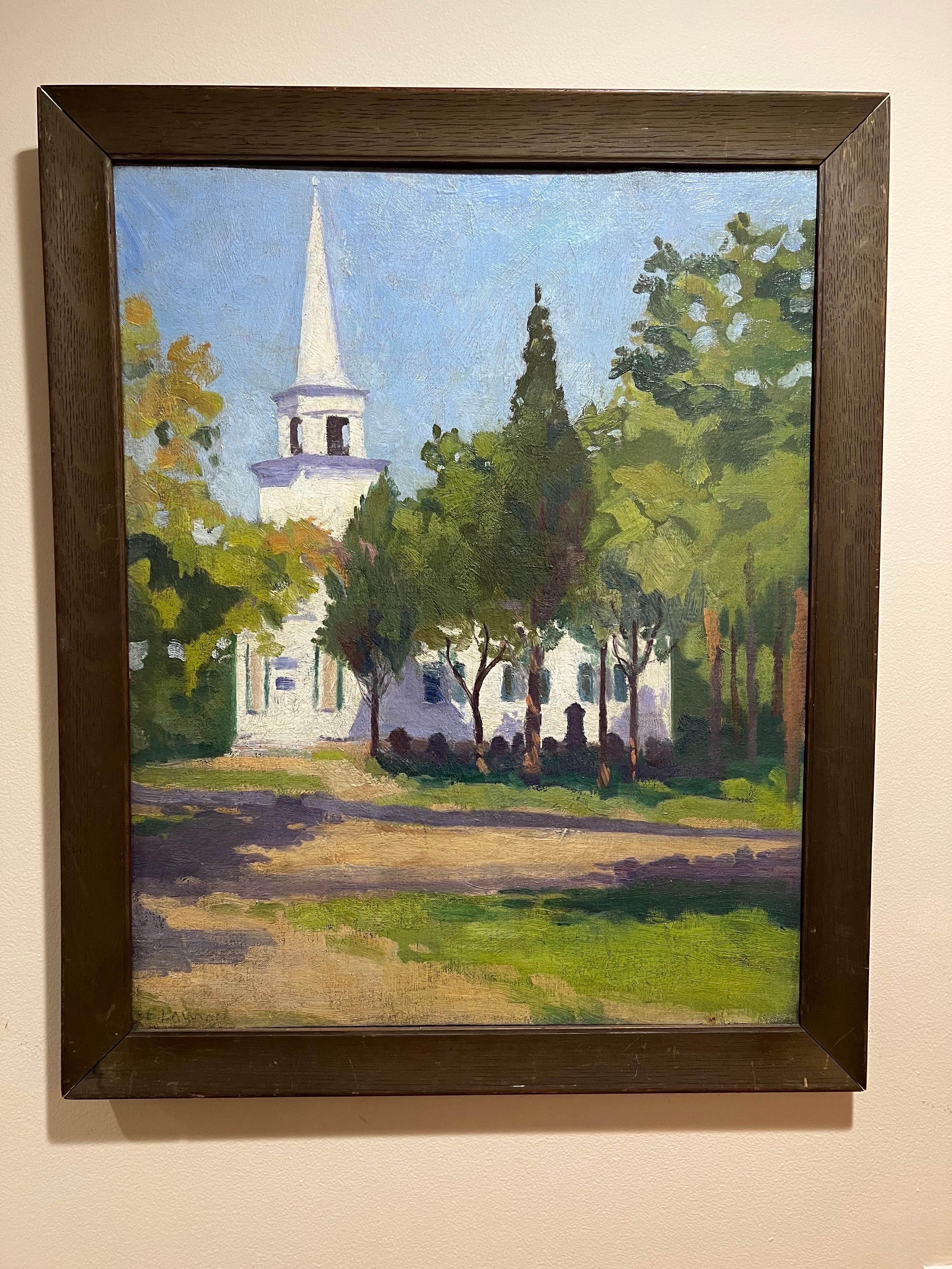 Early 20th century oil on board of a church. Signed but impossible to make out the artists name. Classic clean arts and crafts style painting on board in period solid oak frame. parcel domestic shipping is $29.