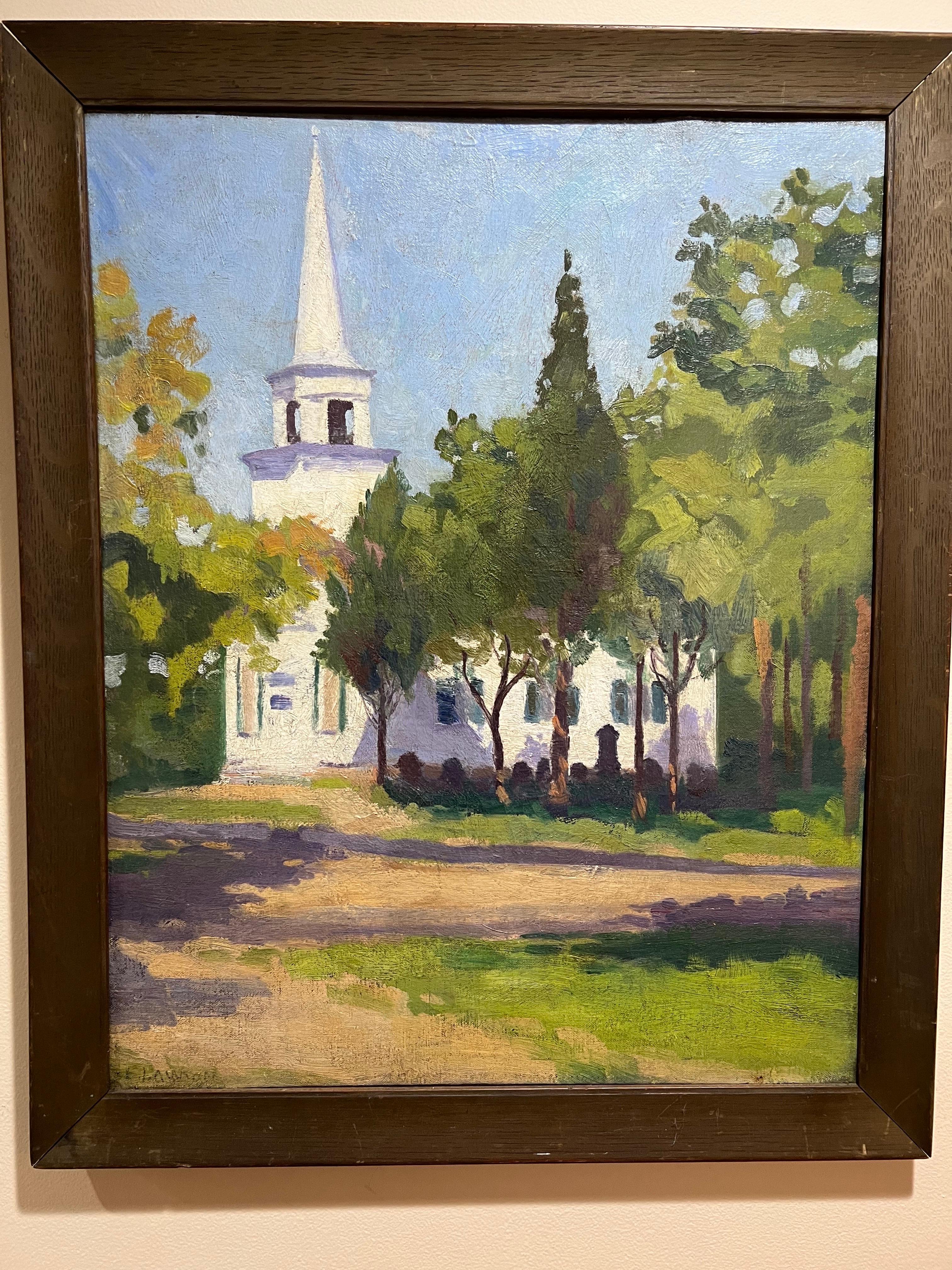 Début du 20e siècle Huile sur carton d'une église Bon état - En vente à Redding, CT