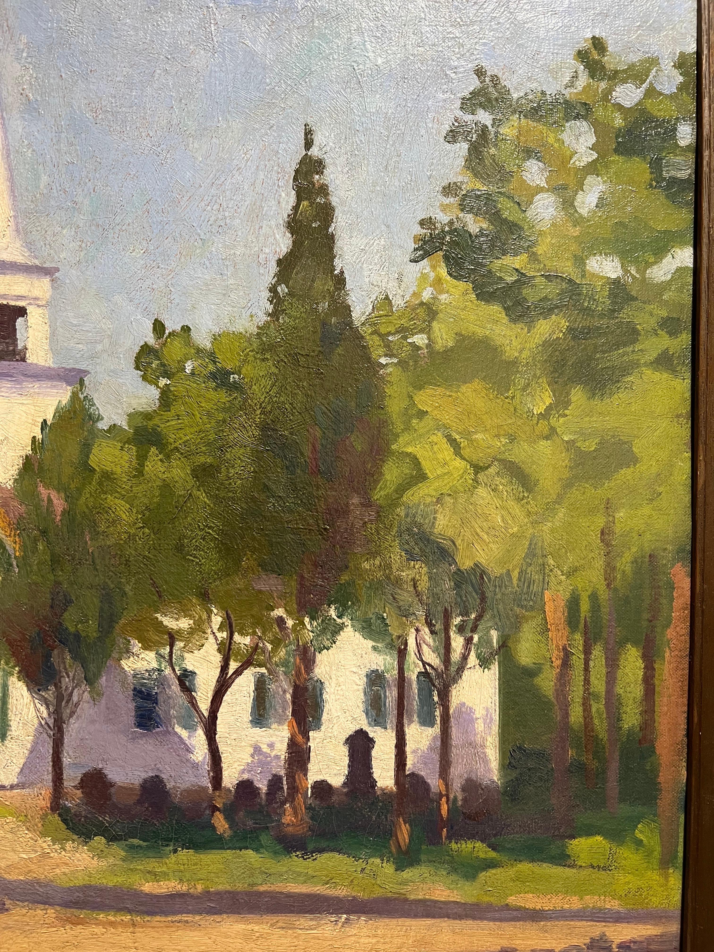Arts and Crafts Early 20th Century Oil on Board of a Church For Sale