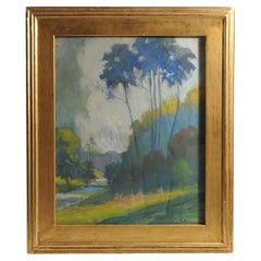 Antique Early 20th Century Oil on Board Painting of Trees and River, Signed, Will Coffee