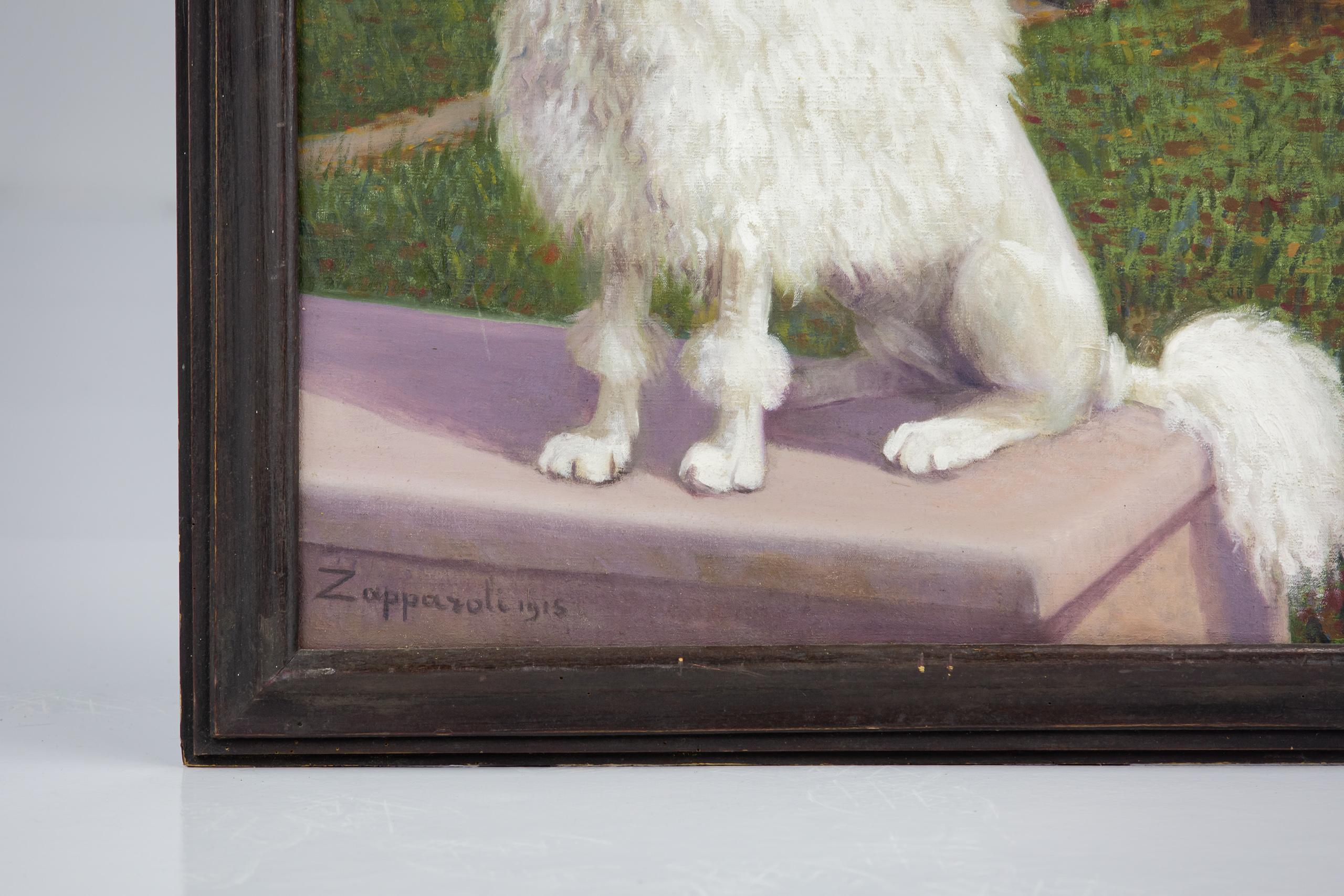 Italian Early 20th Century Oil on Canvas Dog Portrait of a White Poodle For Sale