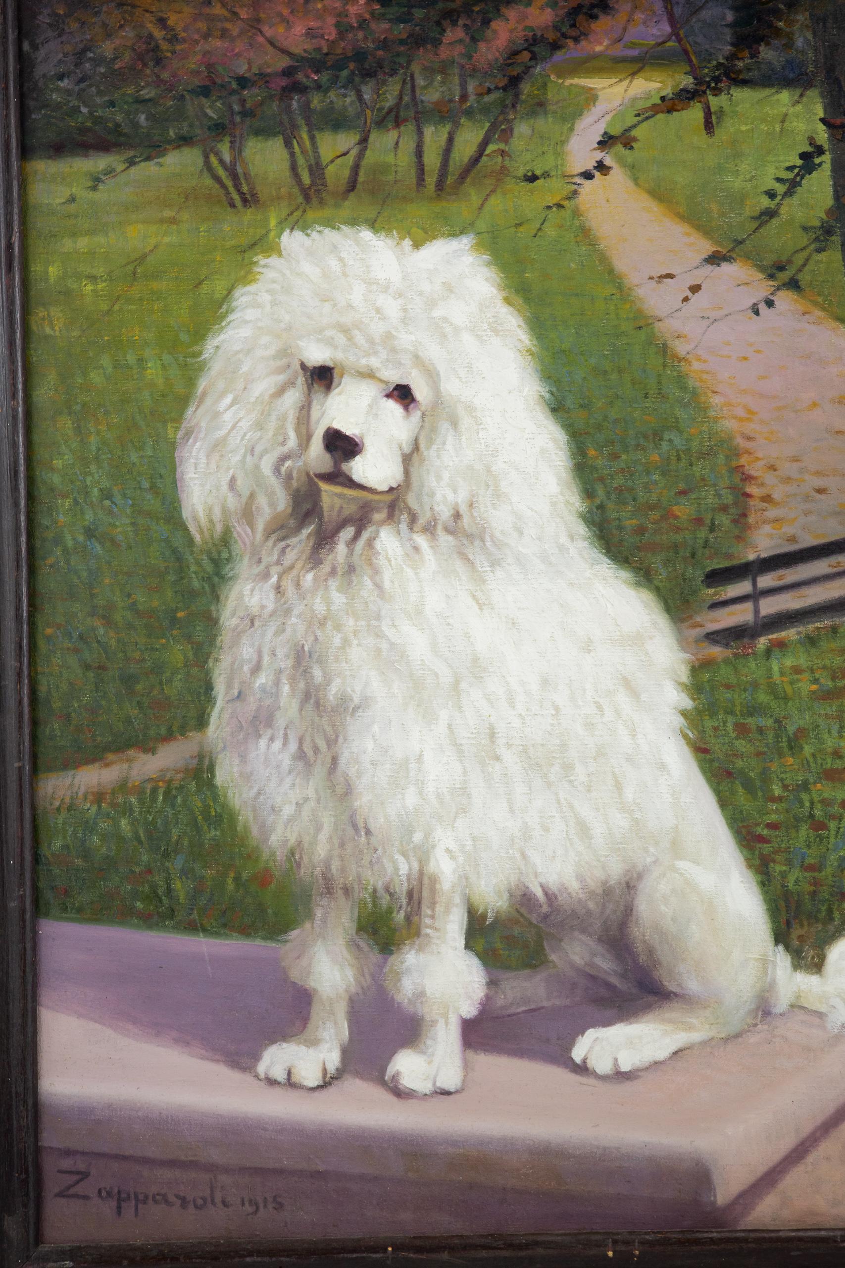 Ölgemälde auf Leinwand, Hundeporträt eines weißen Pudels, frühes 20. Jahrhundert (Gemalt) im Angebot