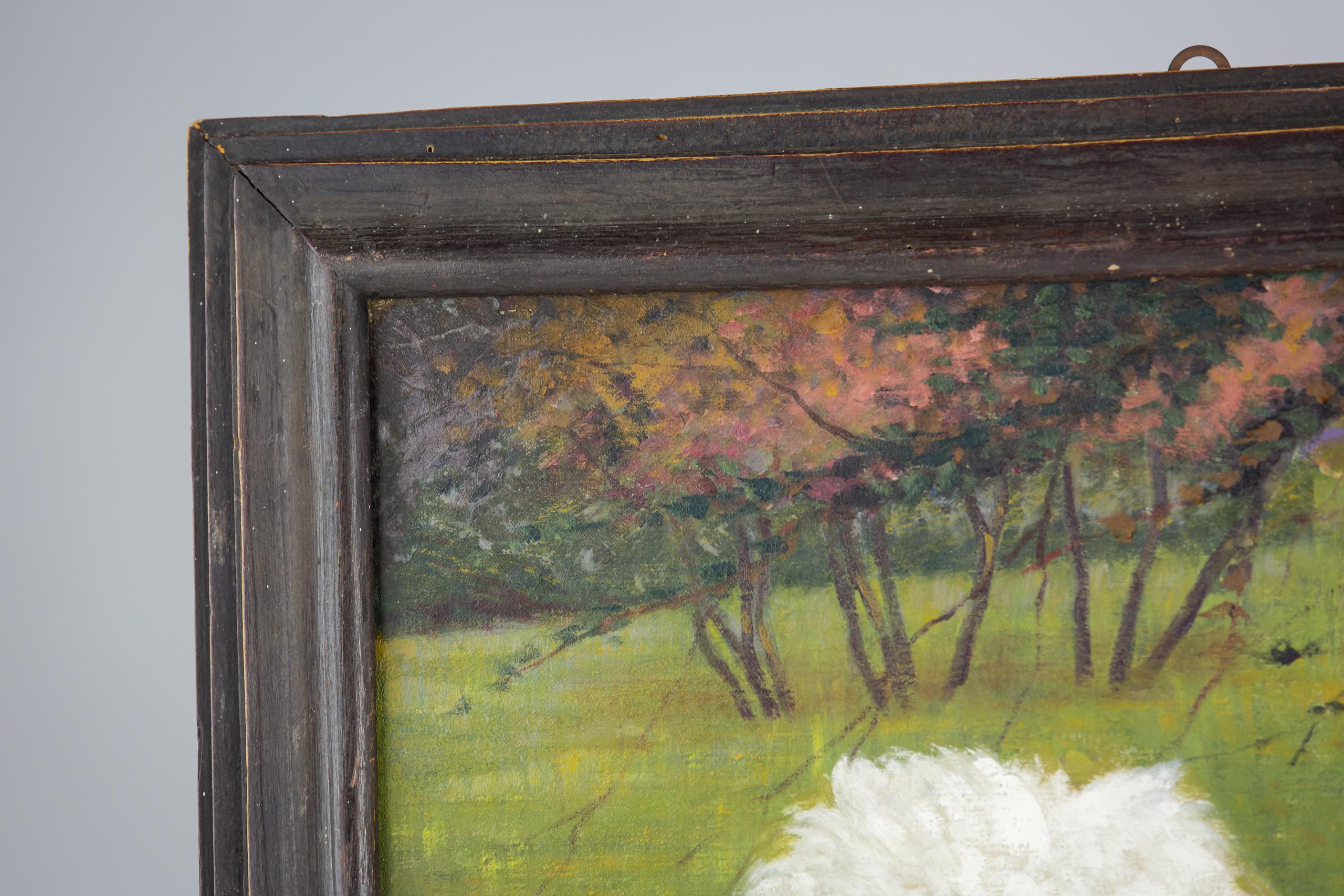 Early 20th Century Oil on Canvas Dog Portrait of a White Poodle In Good Condition For Sale In Pease pottage, West Sussex