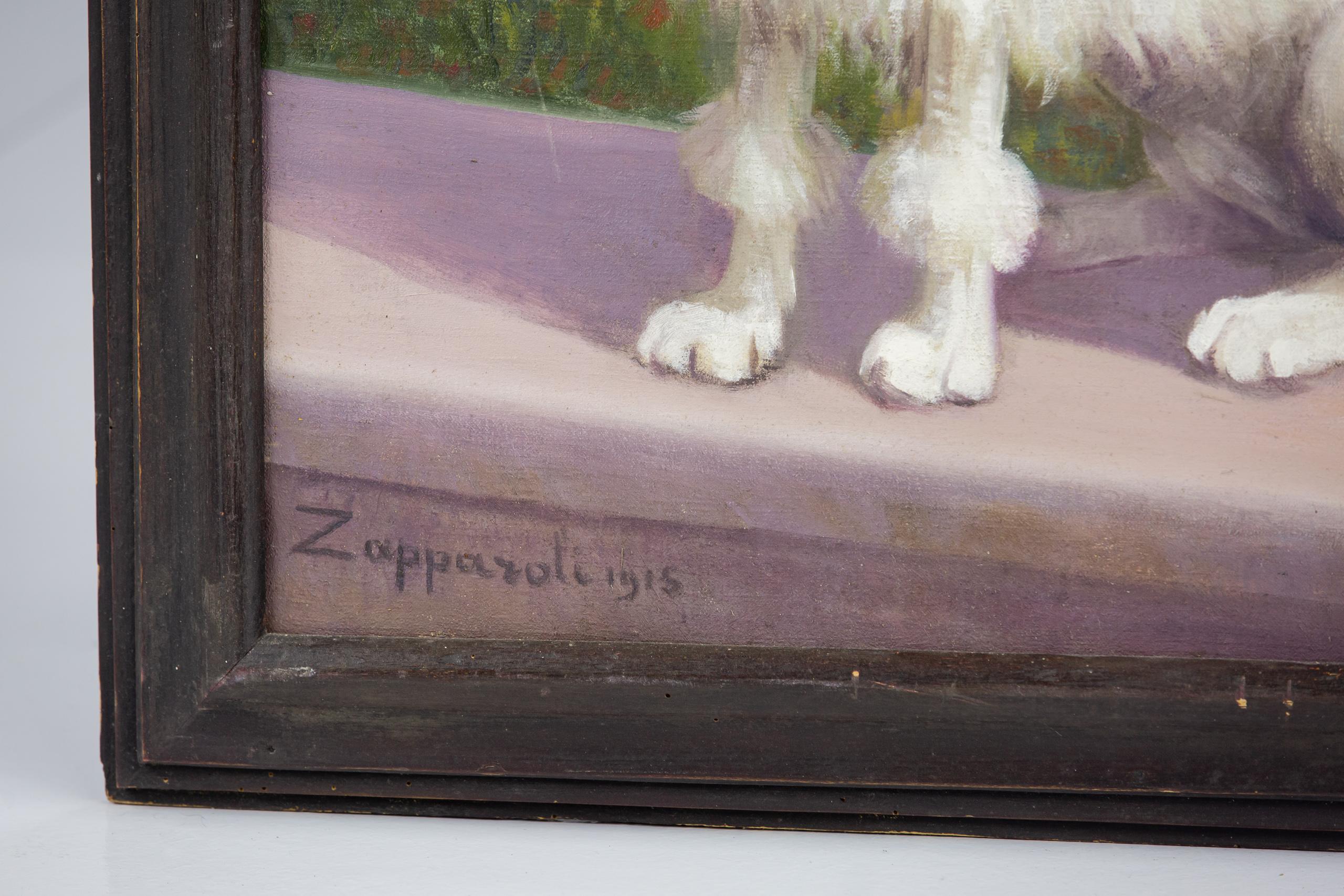 Ölgemälde auf Leinwand, Hundeporträt eines weißen Pudels, frühes 20. Jahrhundert (Frühes 20. Jahrhundert) im Angebot