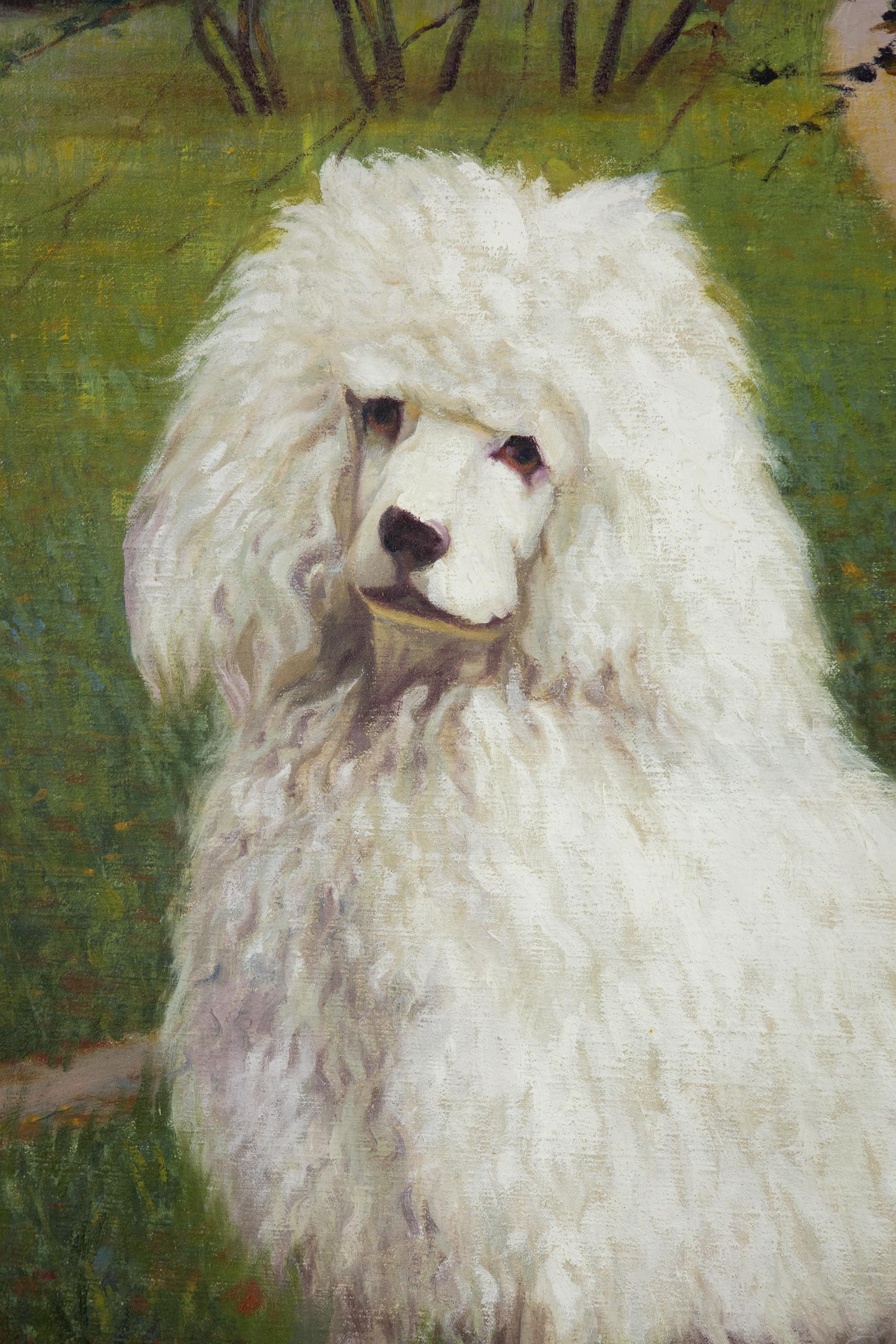 Toile Huile sur toile du début du 20e siècle Portrait d'un caniche blanc en vente