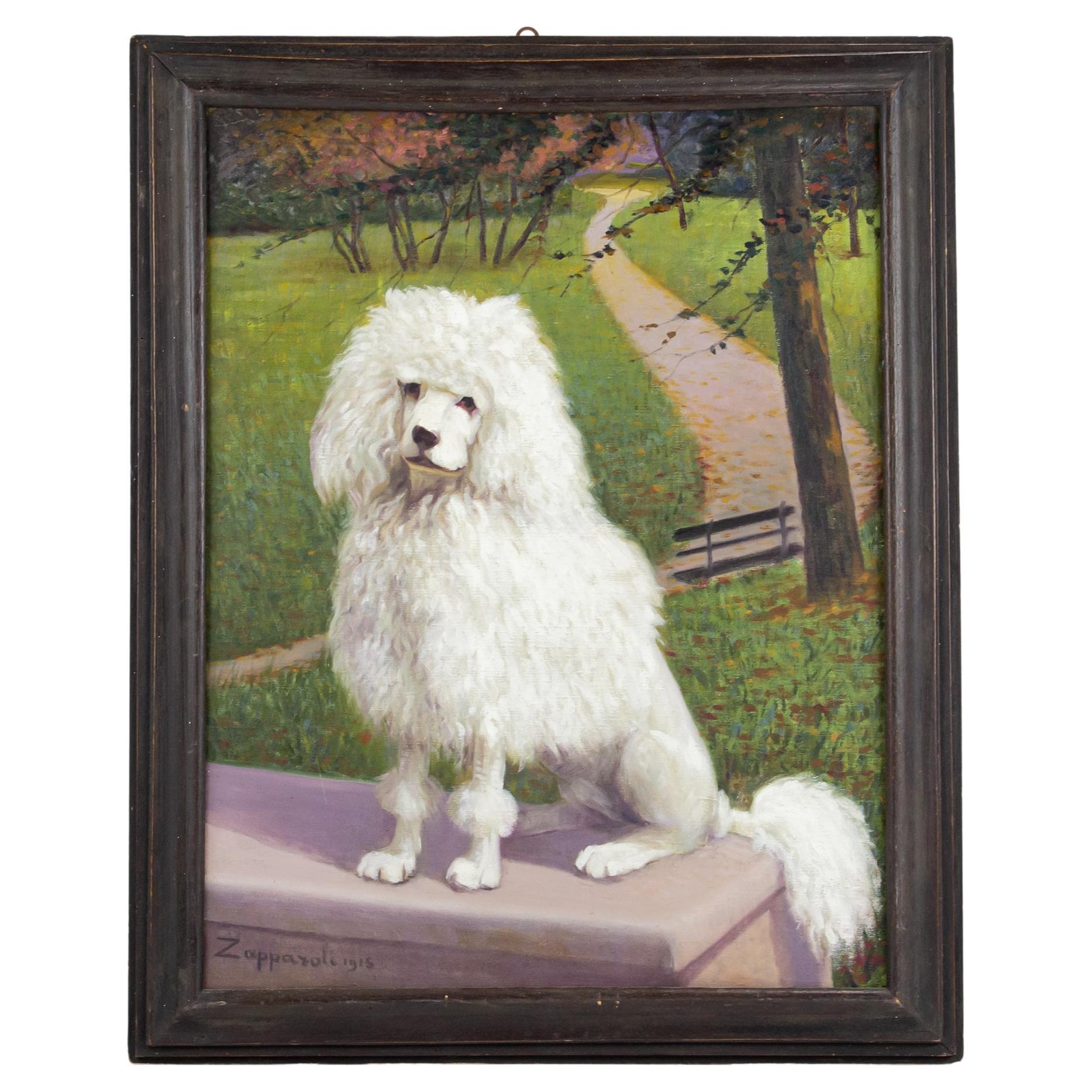 Early 20th Century Oil on Canvas Dog Portrait of a White Poodle For Sale