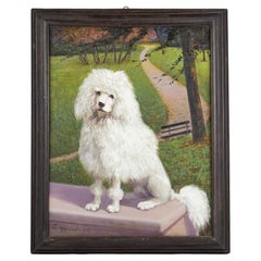 Antique Early 20th Century Oil on Canvas Dog Portrait of a White Poodle