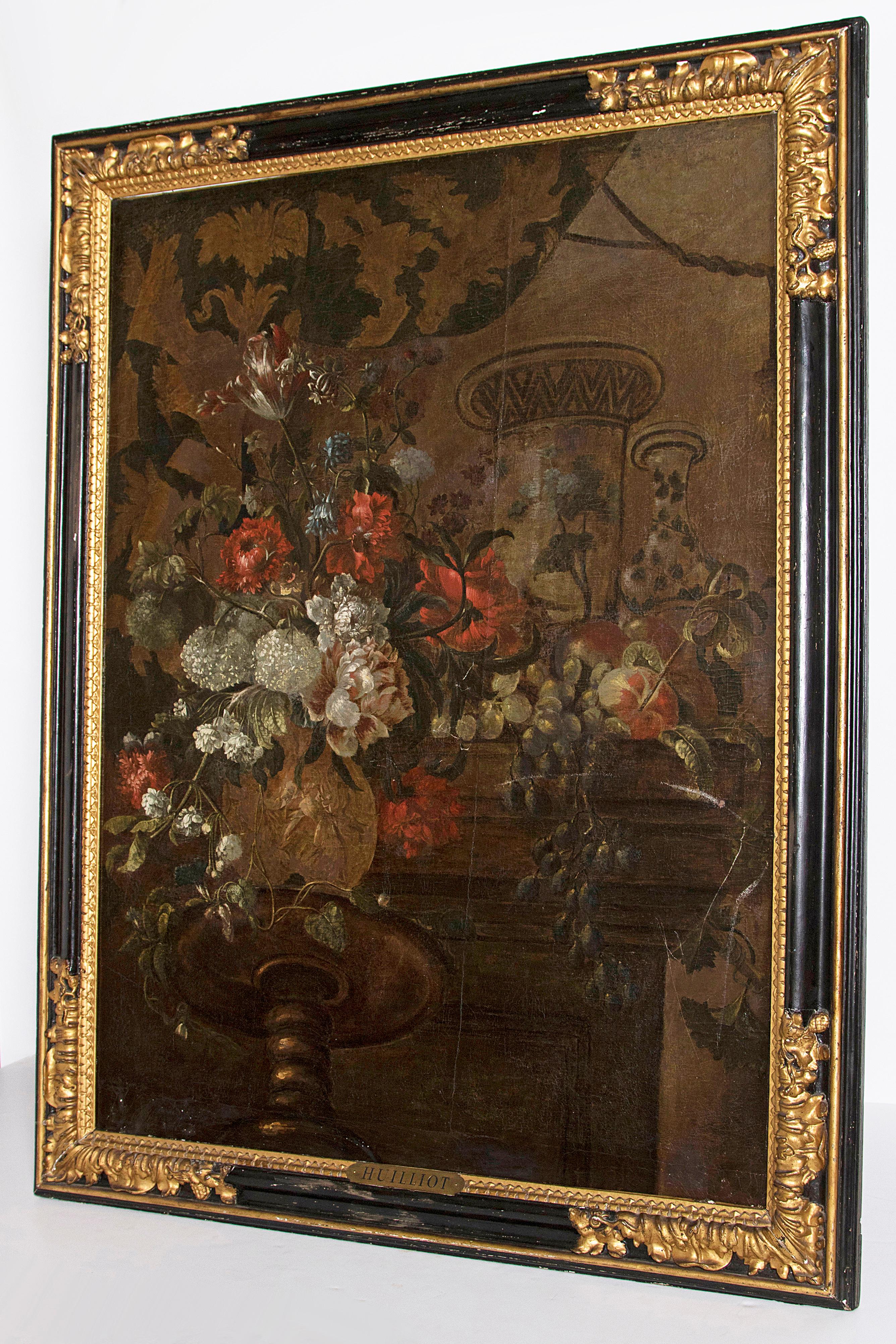 A large still life oil on canvas of red and white flowers set on a dark background in the manner of Pierre Nicolas Huilliot. Black and gilt later frame with 