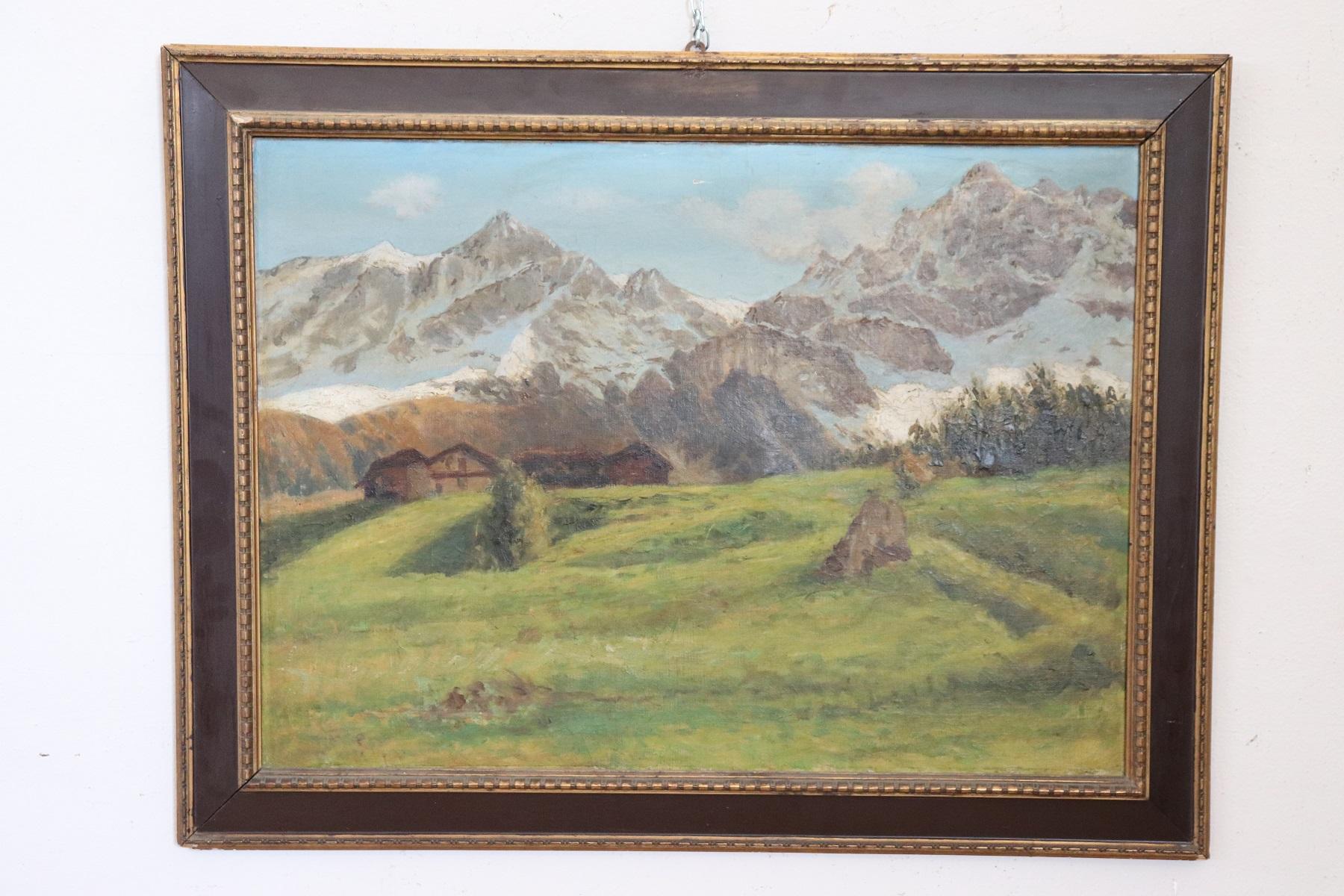 Beautiful oil painting on canvas 1930s. A splendid italian mountain landscape. Not recognized artist. Perfect for collectors who love mountain landscapes. Excellent pictorial quality. Sold with wooden frame.