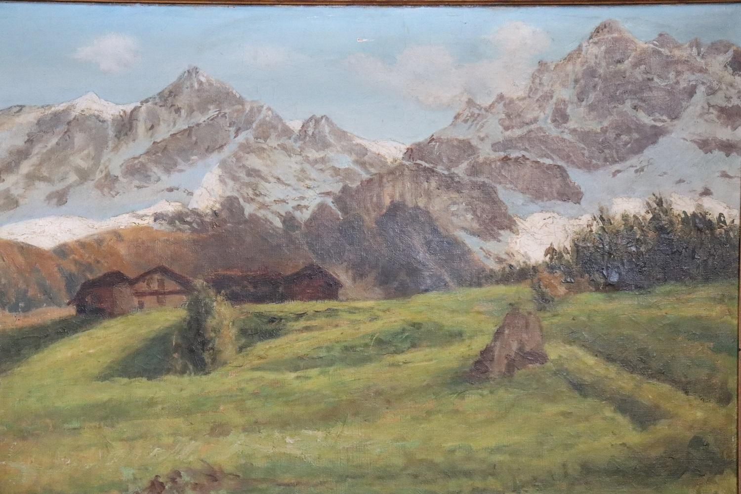 Oiled Early 20th Century Oil on Canvas Italian Painting Mountain Landscape For Sale