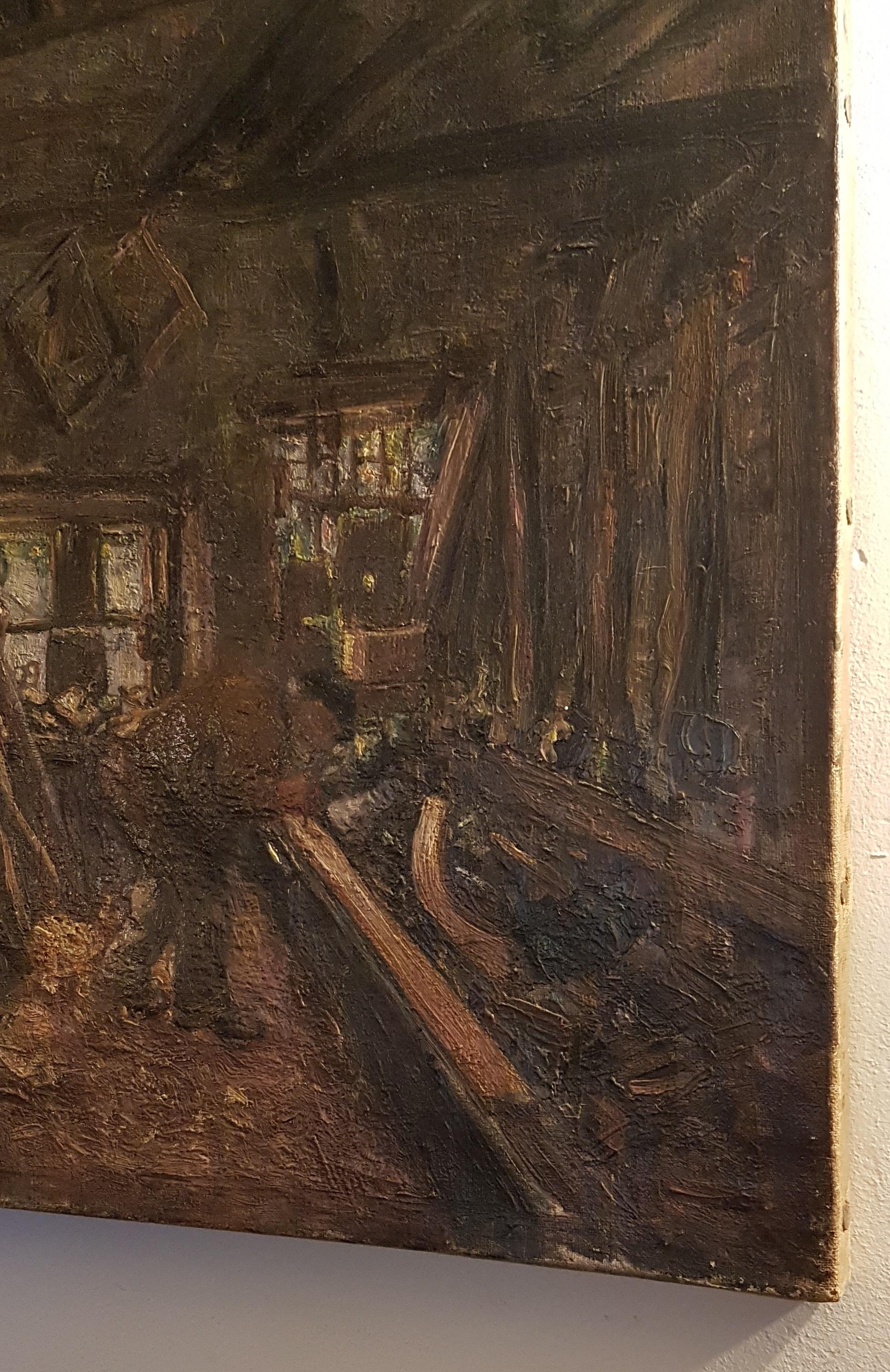 A charming early 20th century painting of the inside of a carpenters workshop. The artist has captured the atmosphere of the workshop in this painting and it has great use of texture too, unsigned.
It does have wear around the edges as doesn't seem