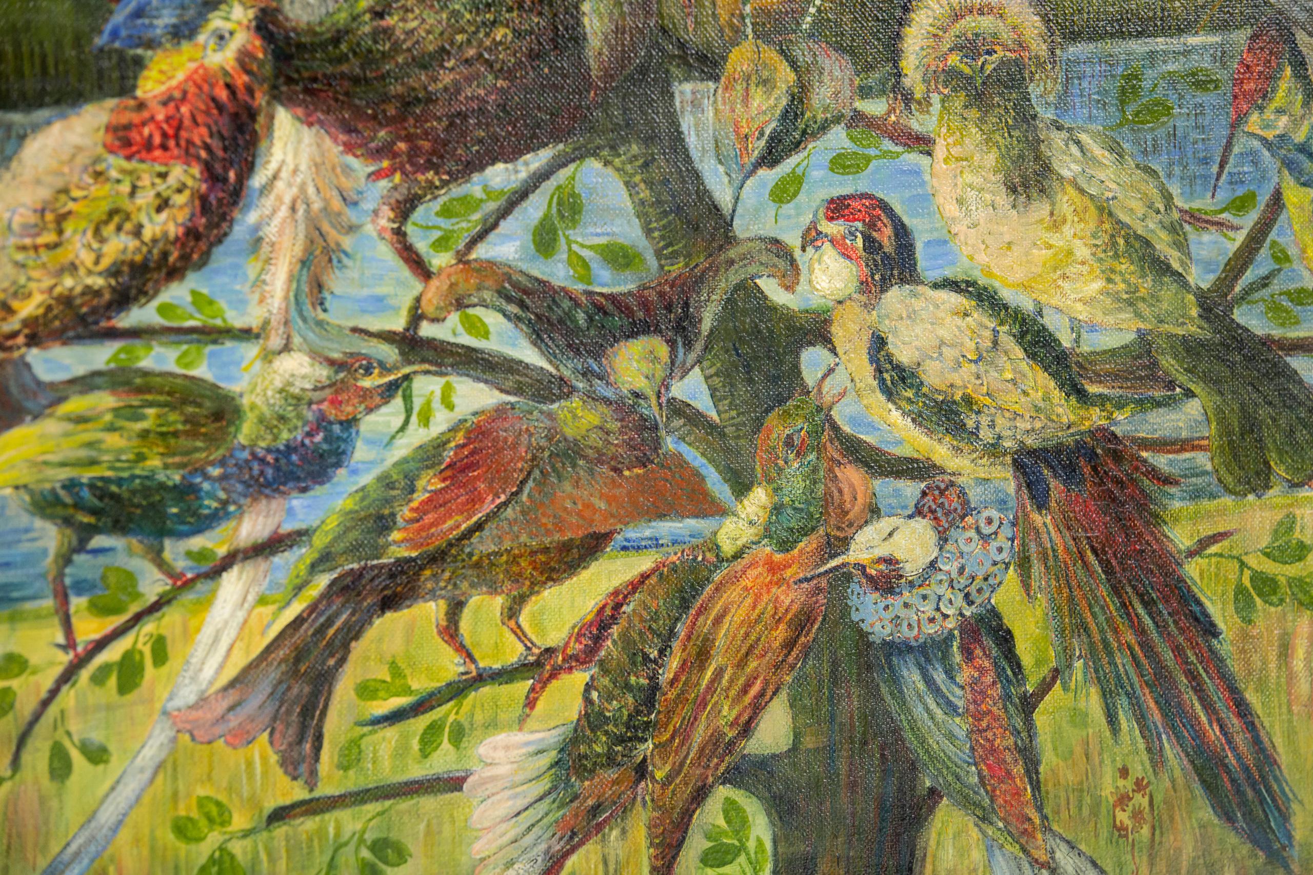 Huile sur toile du début du 20e siècle Hibou et oiseaux de paradis par Gustave Penzyna en vente 3