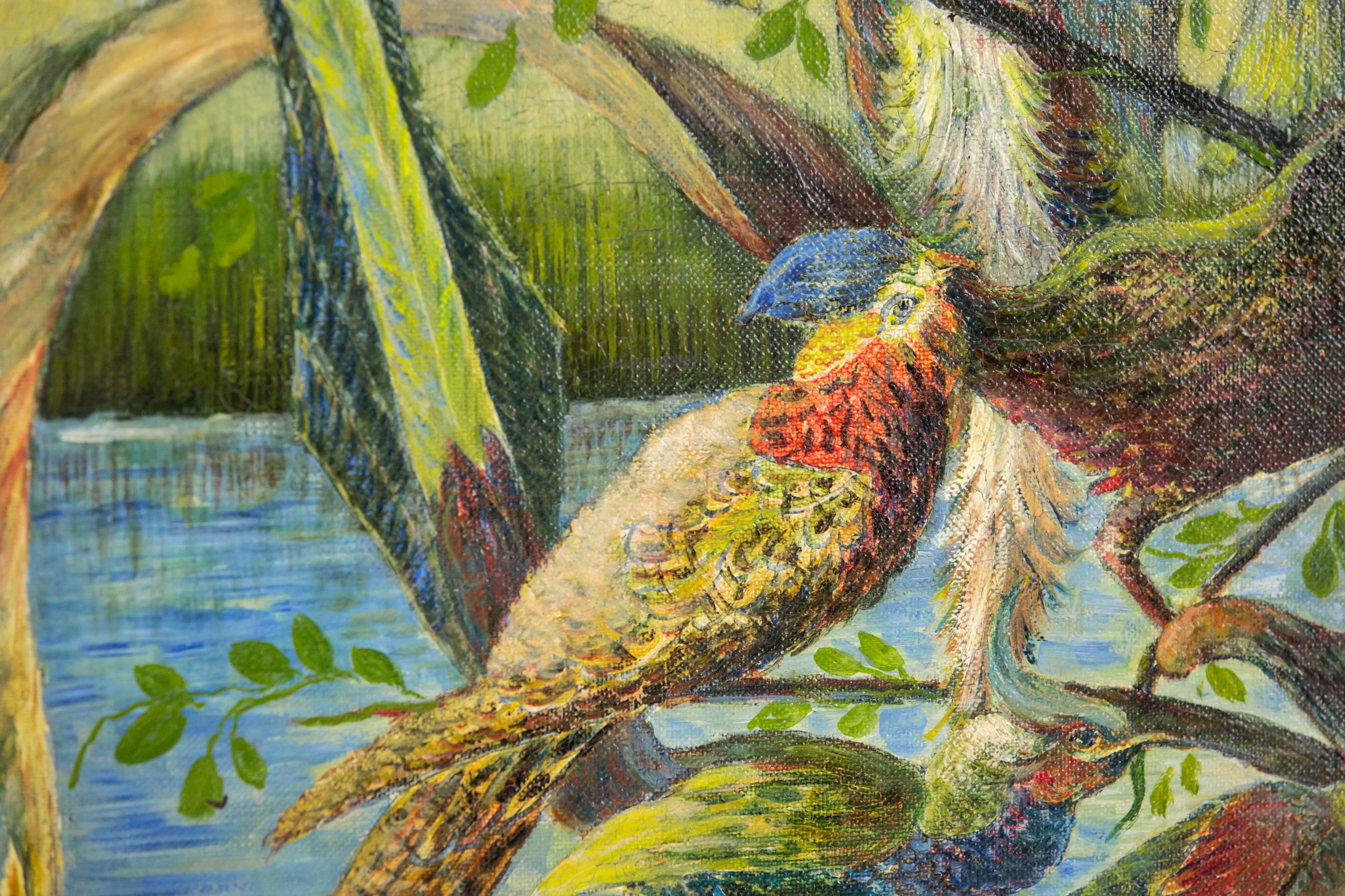 Huile sur toile du début du 20e siècle Hibou et oiseaux de paradis par Gustave Penzyna en vente 4
