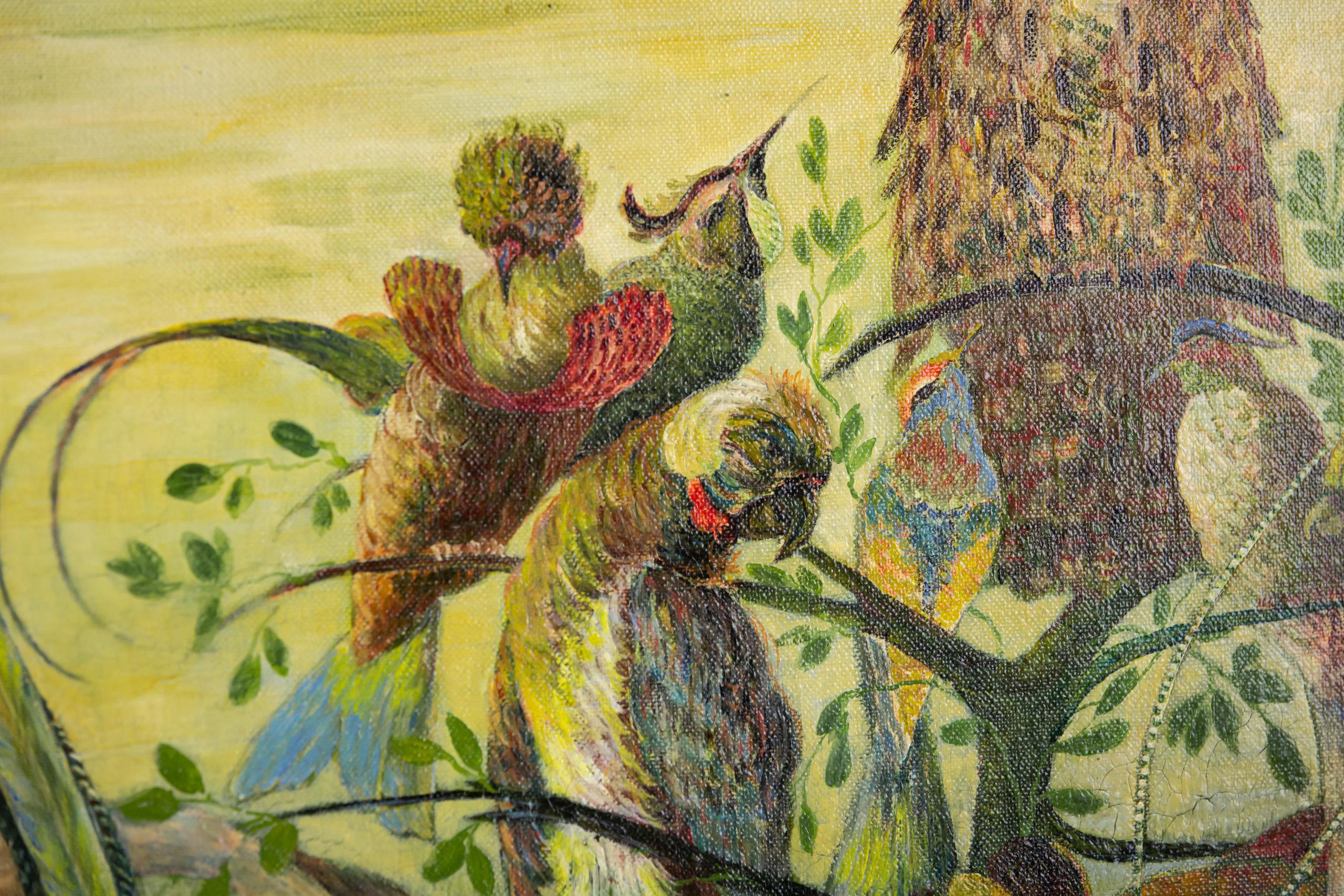 Huile sur toile du début du 20e siècle Hibou et oiseaux de paradis par Gustave Penzyna en vente 5
