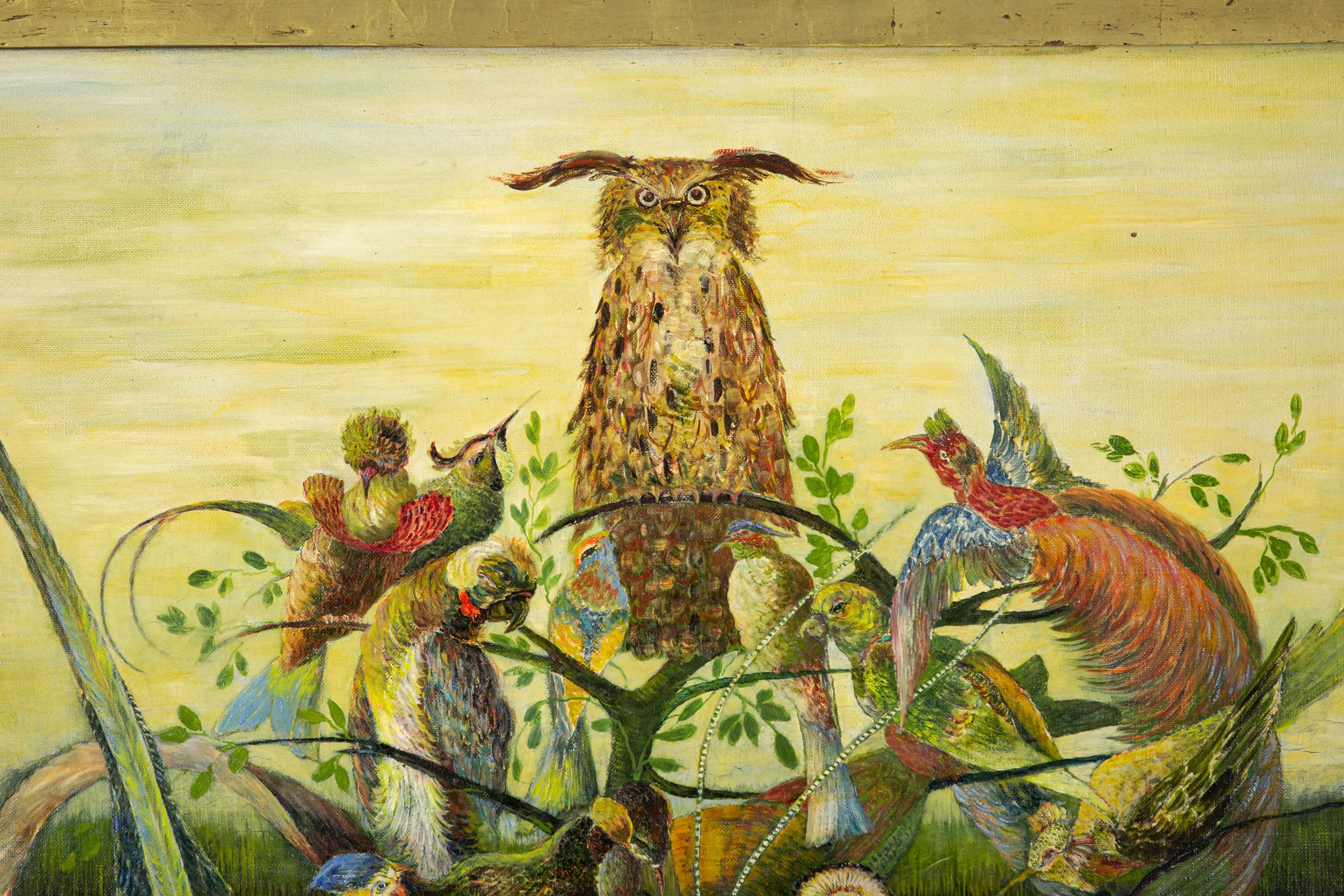 Peint Huile sur toile du début du 20e siècle Hibou et oiseaux de paradis par Gustave Penzyna en vente