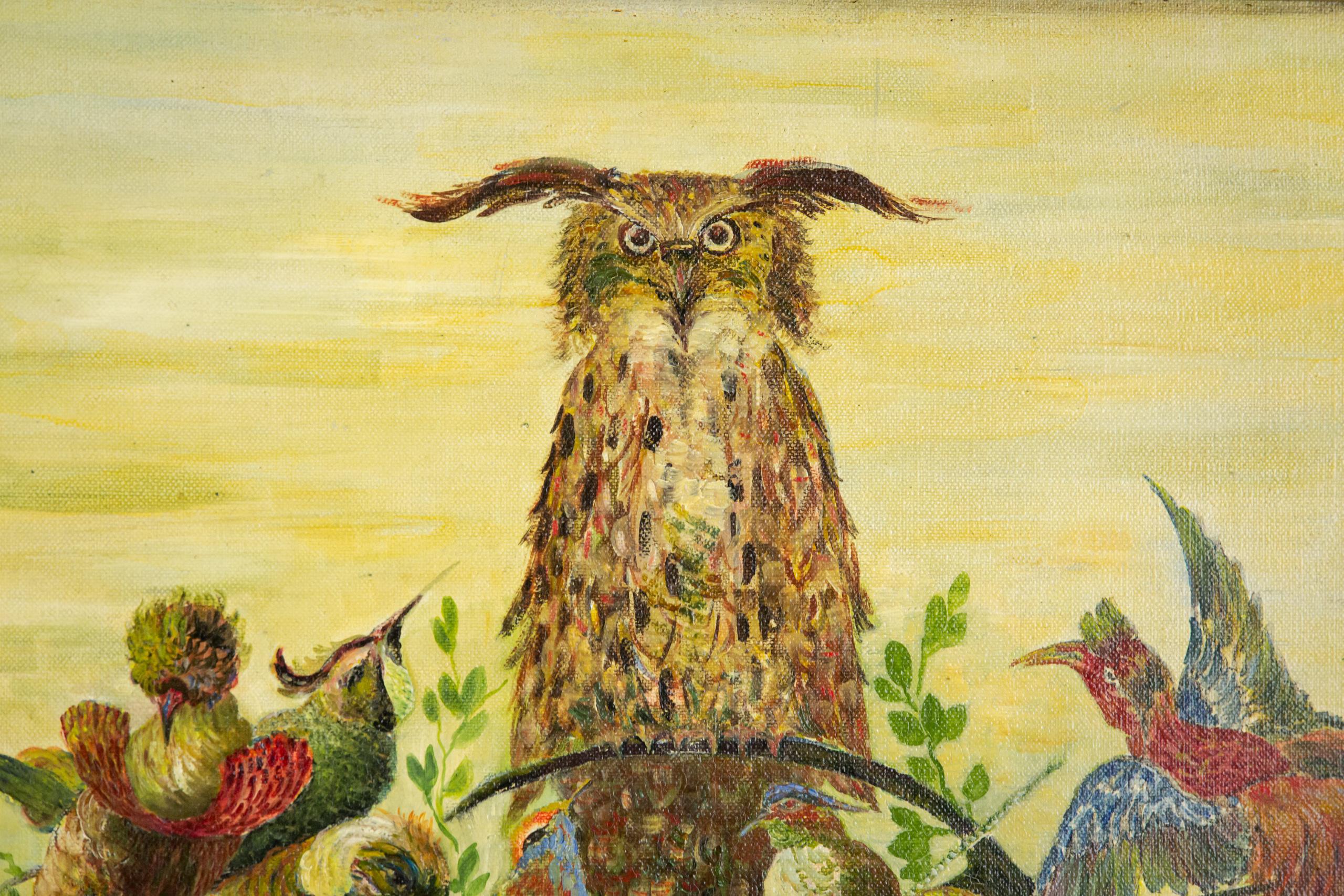 Huile sur toile du début du 20e siècle Hibou et oiseaux de paradis par Gustave Penzyna Bon état - En vente à Pease pottage, West Sussex