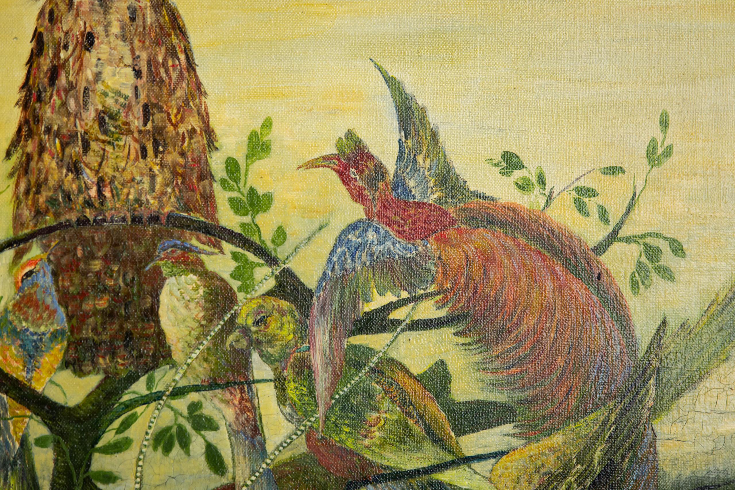 20ième siècle Huile sur toile du début du 20e siècle Hibou et oiseaux de paradis par Gustave Penzyna en vente