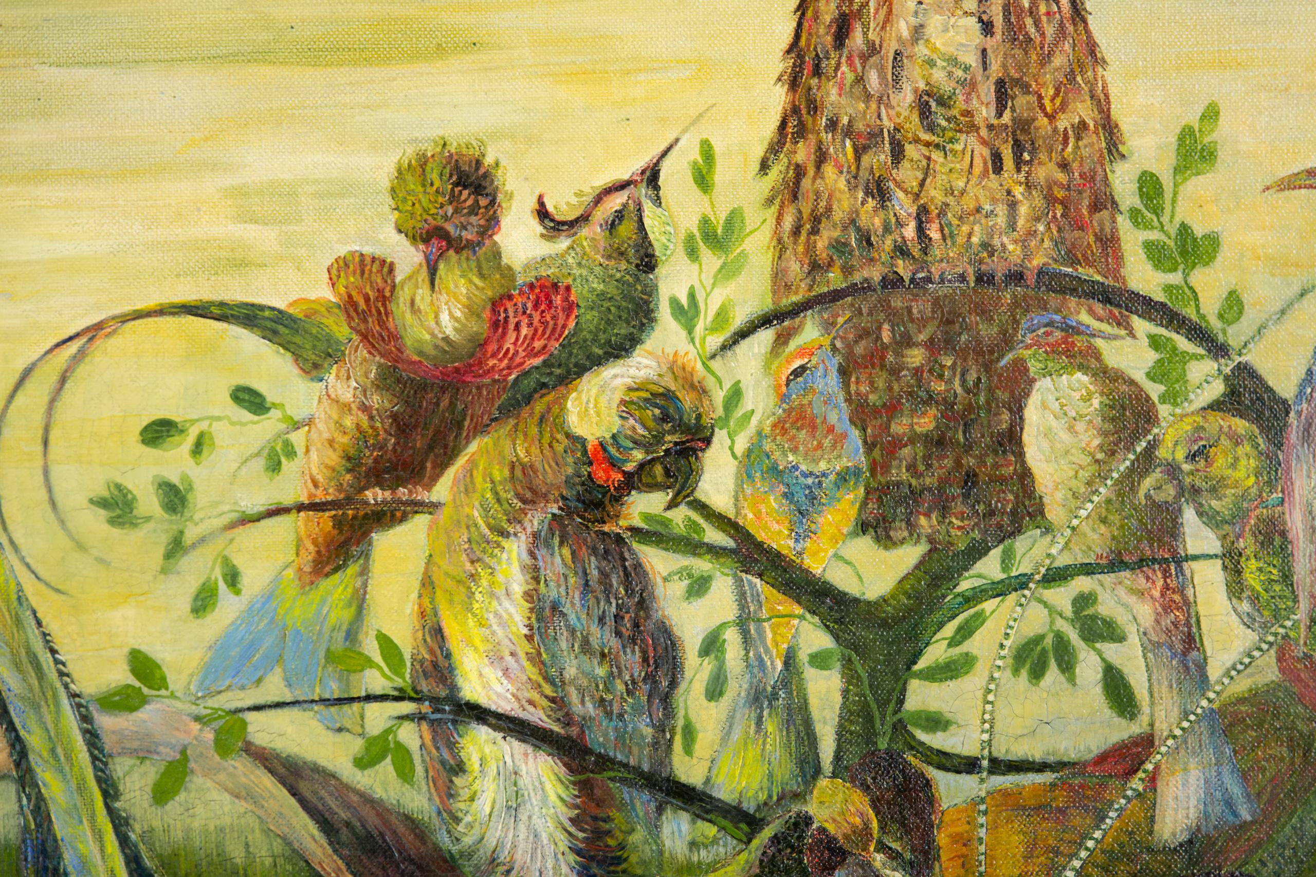 Toile Huile sur toile du début du 20e siècle Hibou et oiseaux de paradis par Gustave Penzyna en vente
