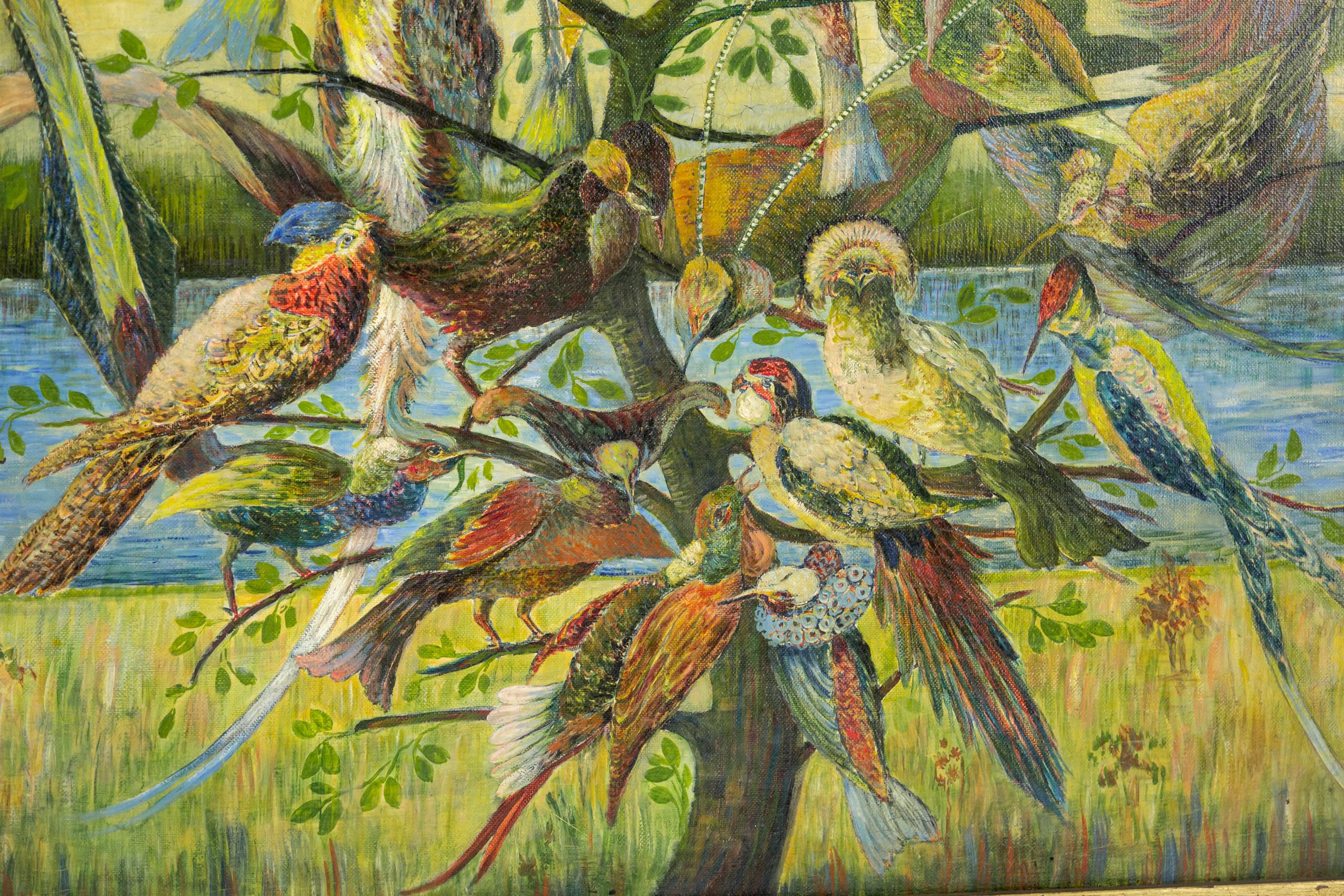 Huile sur toile du début du 20e siècle Hibou et oiseaux de paradis par Gustave Penzyna en vente 1