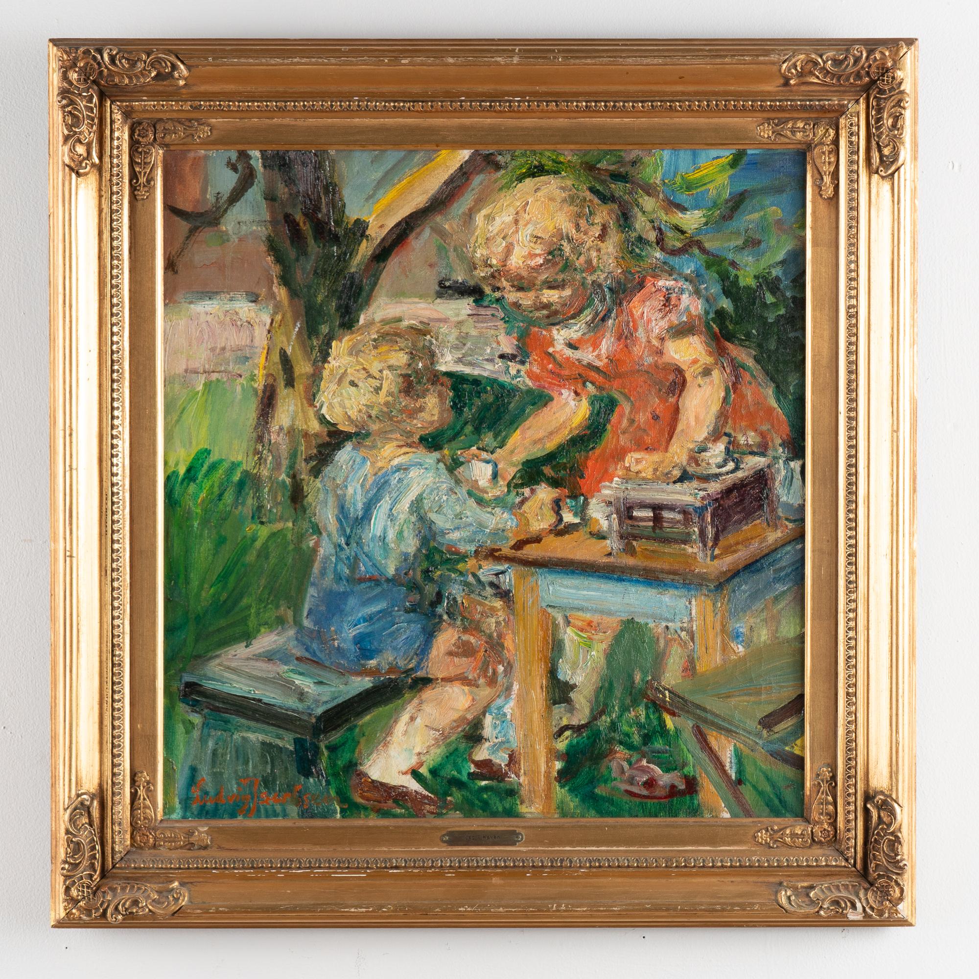 Original oil painting of two children playing tea party. Vibrant colors of green, blue, and red in the scene.  Mounted in a gold painted wood and plaster frame and signed Ludvig Jacobsen.    
Craquelure seen throughout. Stains, paint loss,