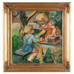 Olio su tela dei primi del Novecento, dipinto con ragazzo e ragazza che giocano al tè, firmato