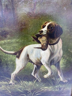 Early 20th Century Oil on Canvas Painting Depicting Hunting Dog with Bird