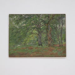 Early 20th Century Oil on Canvas Painting Evergreen Forest Countryside