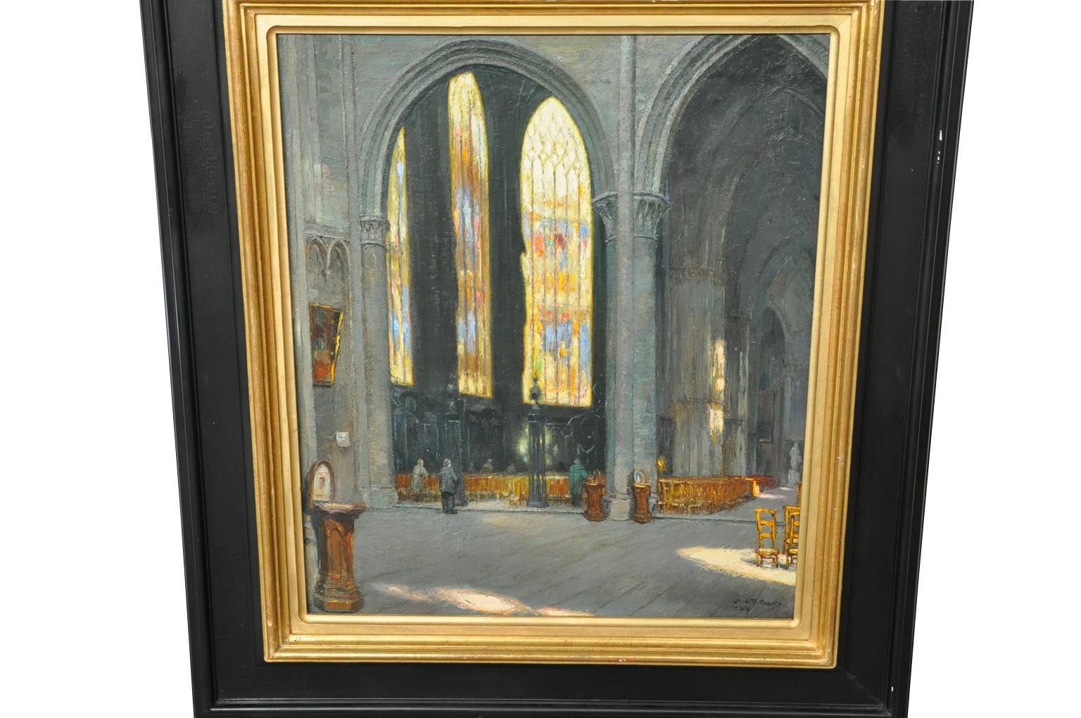 A very wonderful early 20th century oil on canvas painting by Polish born artist Mecislas Rakowsky (born 1887 - died 1947). The painting represents the interior of the Cathedral of Saint Michel and Gudule of Brussels.