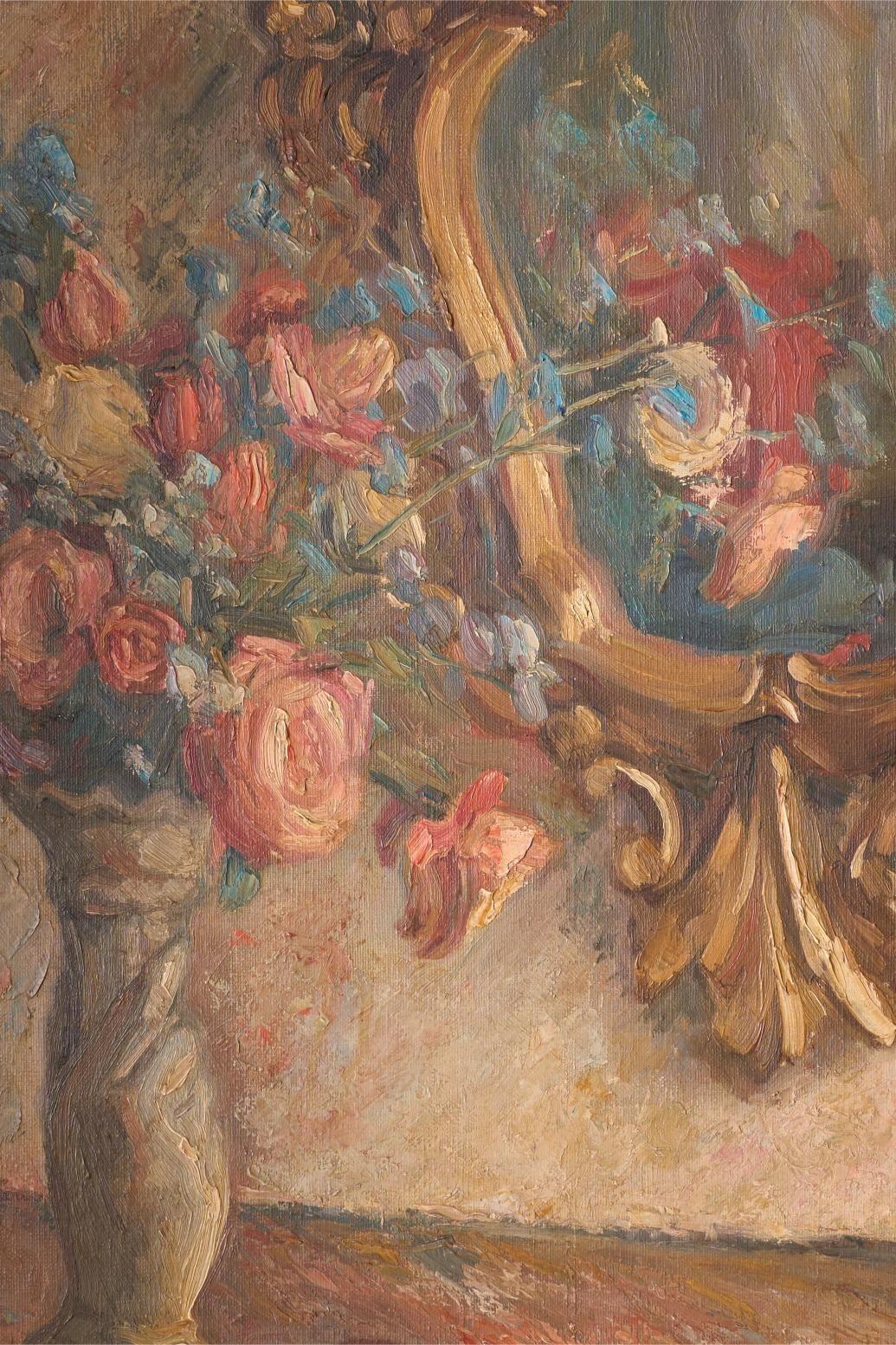 Ölgemälde auf Leinwand des frühen 20. Jahrhunderts, Gemälde eines Spiegels mit Blumen im Zustand „Hervorragend“ im Angebot in Malton, GB