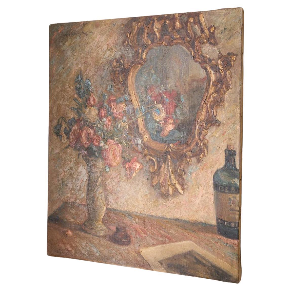 Pintura al óleo sobre lienzo de principios del siglo XX de un espejo con flores