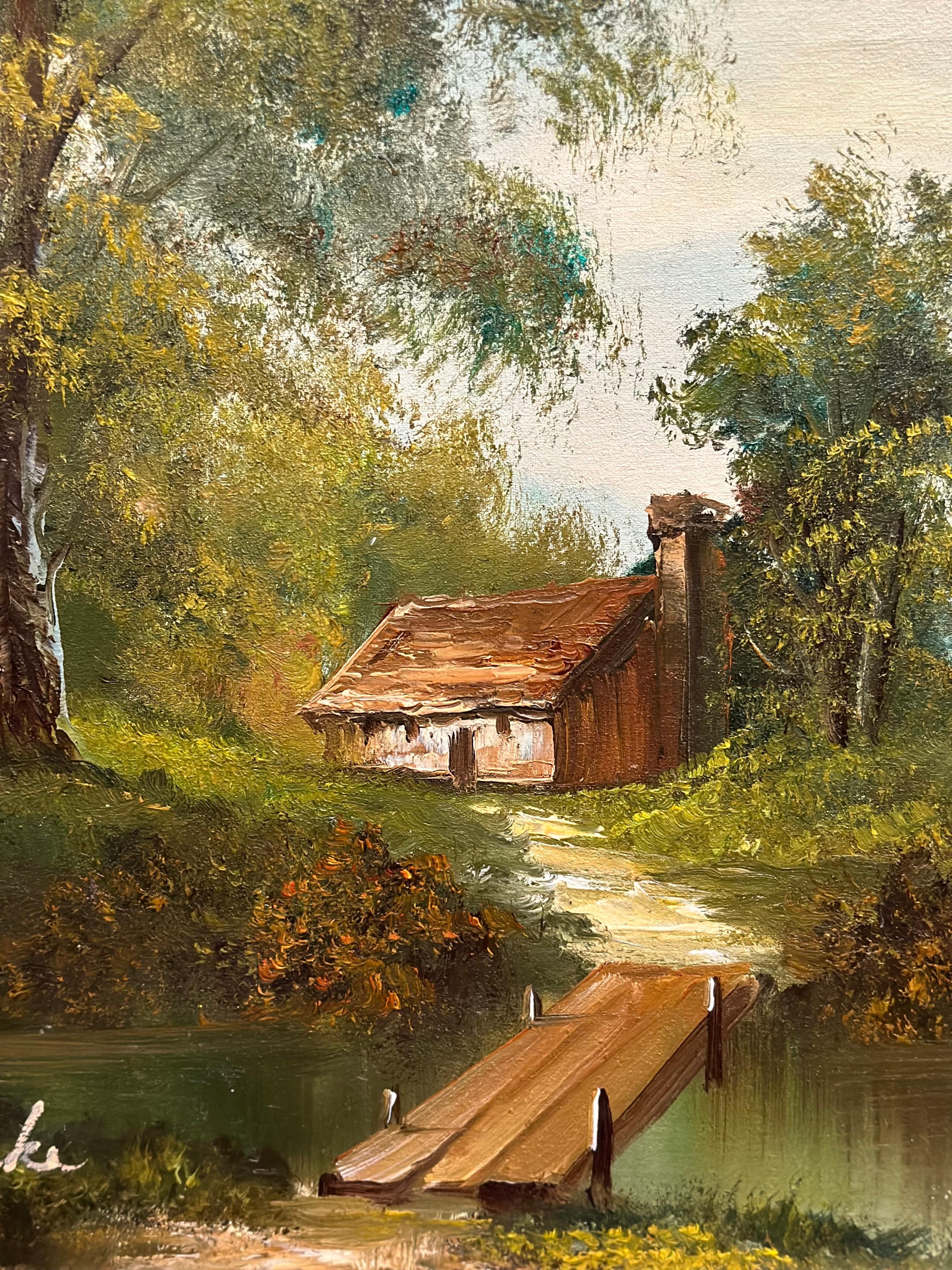 Early 20th Century Oil on Canvas Painting of Cottage in the Woodland Lake 4