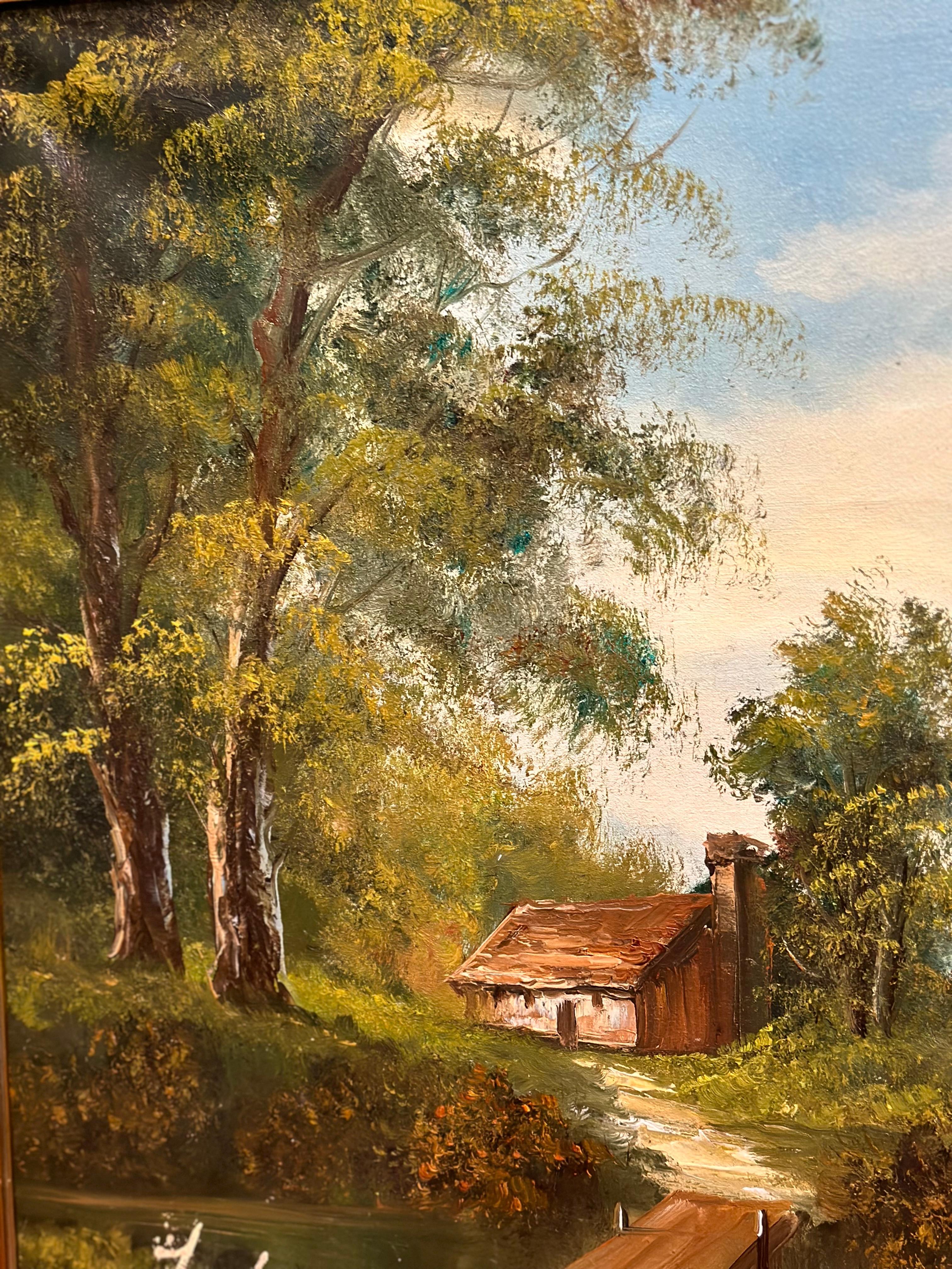 Early 20th Century Oil on Canvas Painting of Cottage in the Woodland Lake 6