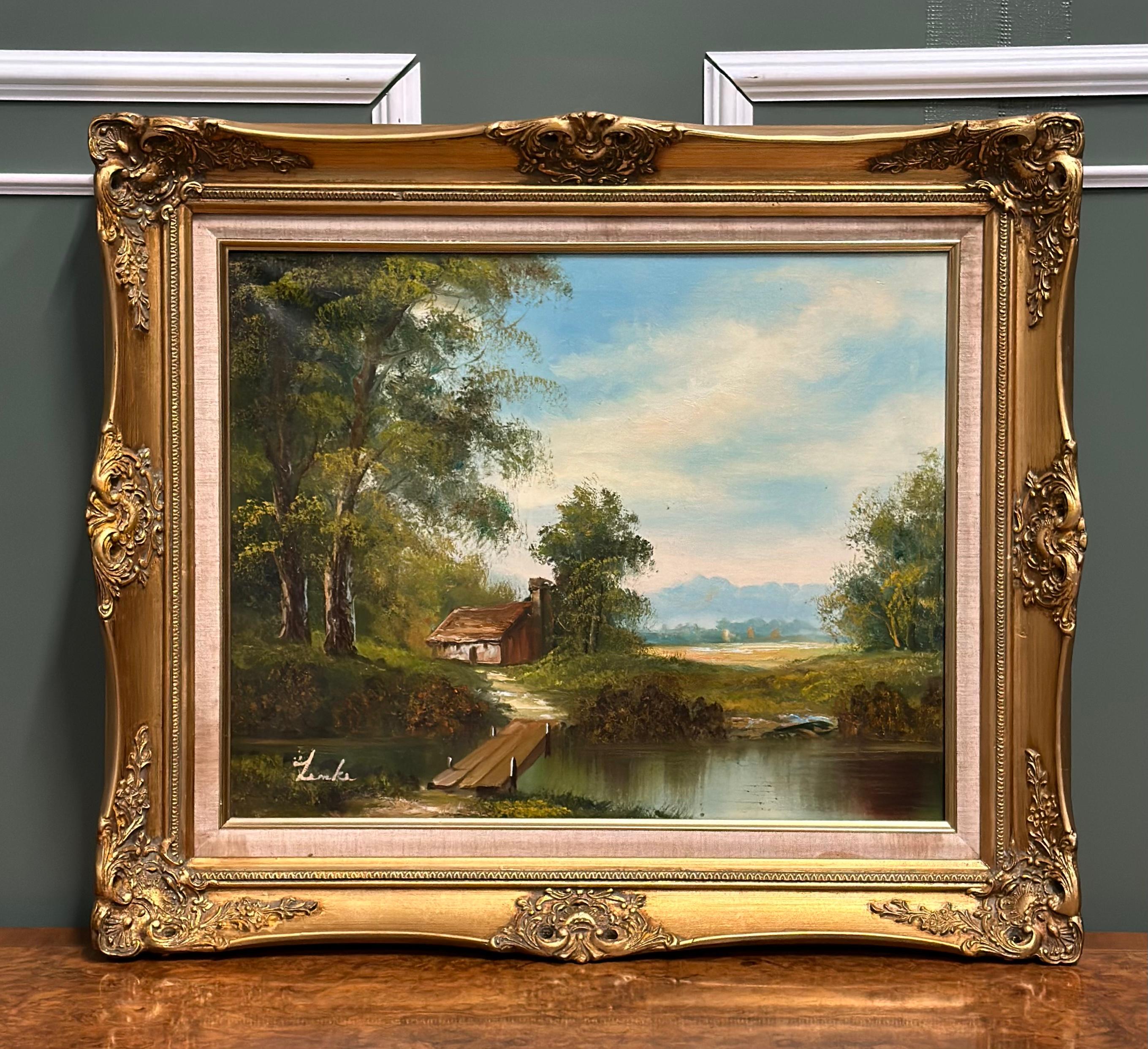 We are excited to present this lovely oil on canvas painting.
It's a house in what seems to be a beautiful forest, next to a lake.
Very calm setting.
The canvas is held in a gilt frame with a rope on its back for easy hanging.

Condition-wise,
