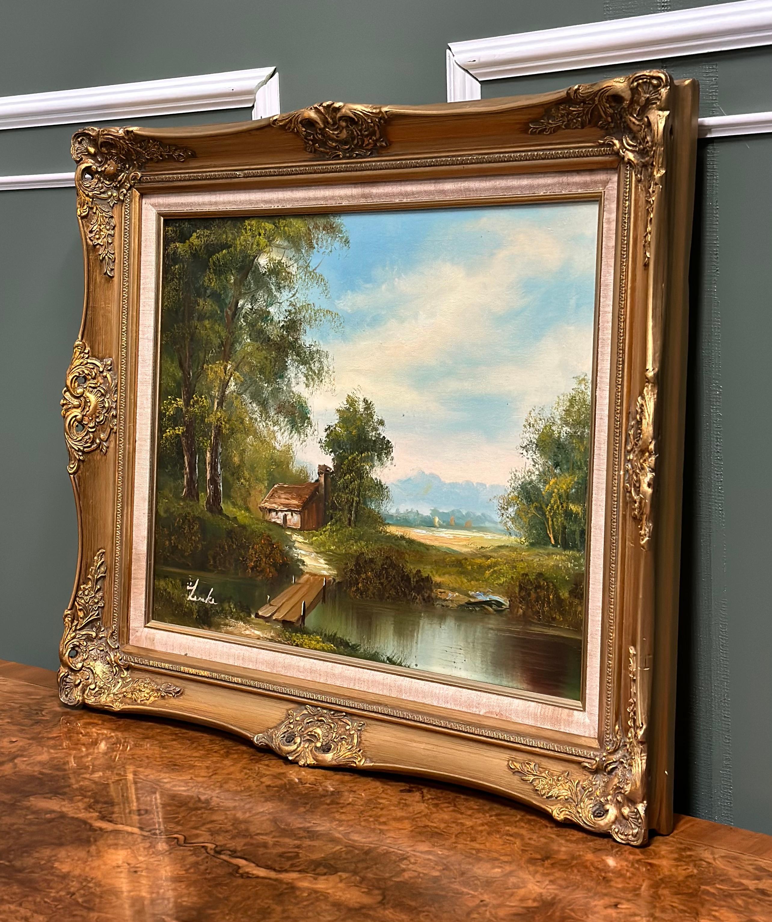 Hand-Crafted Early 20th Century Oil on Canvas Painting of Cottage in the Woodland Lake