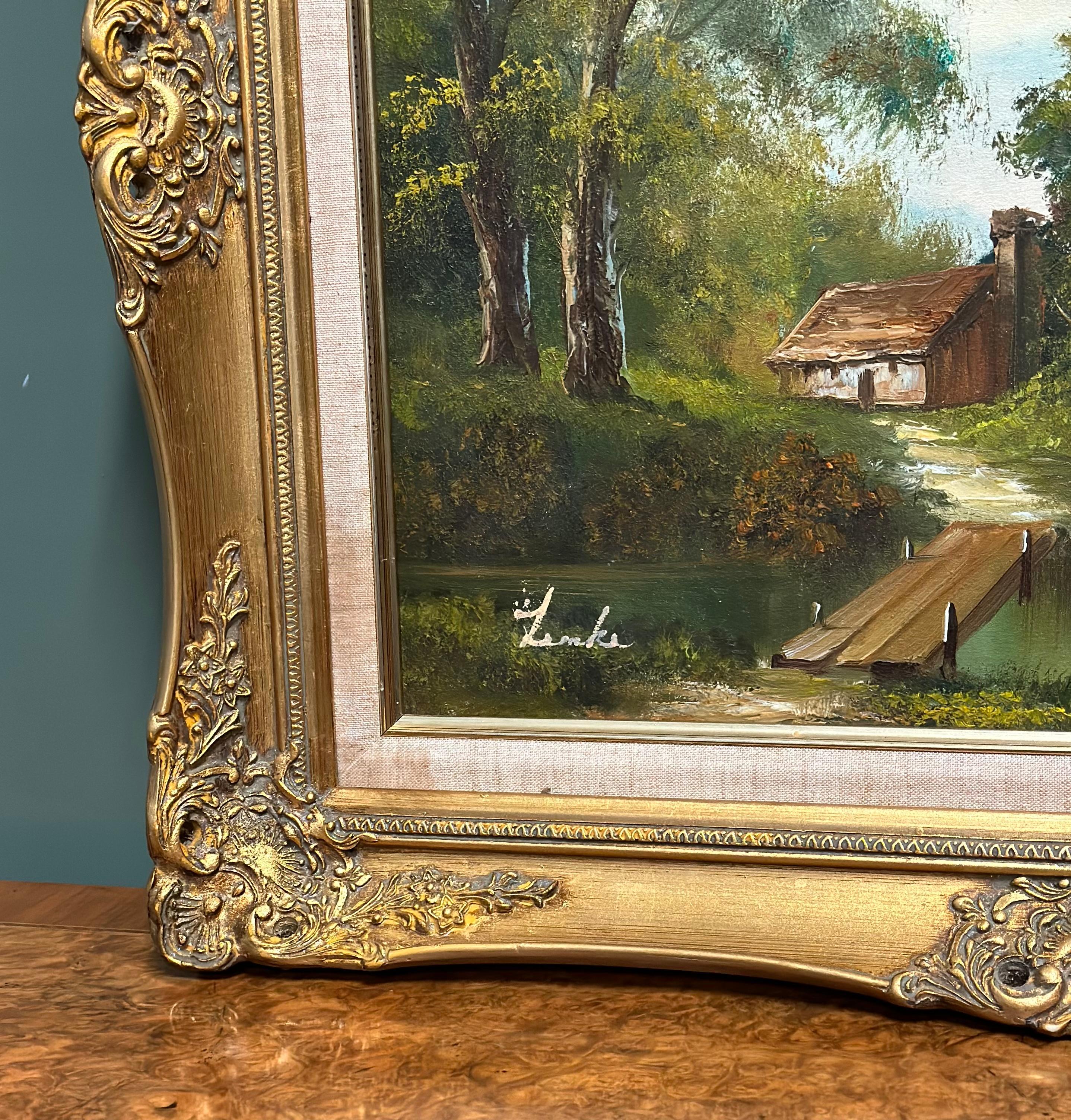 Early 20th Century Oil on Canvas Painting of Cottage in the Woodland Lake 1