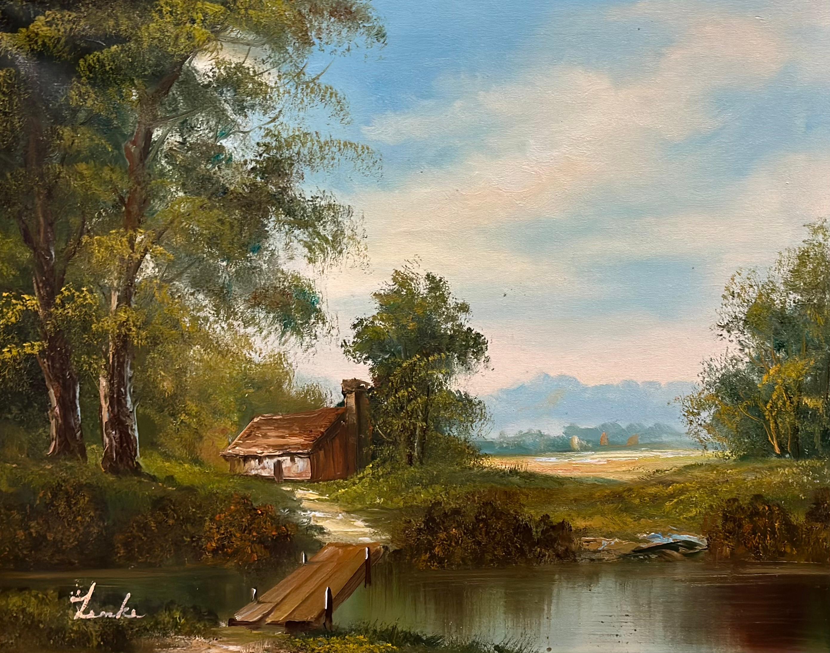 Early 20th Century Oil on Canvas Painting of Cottage in the Woodland Lake 3