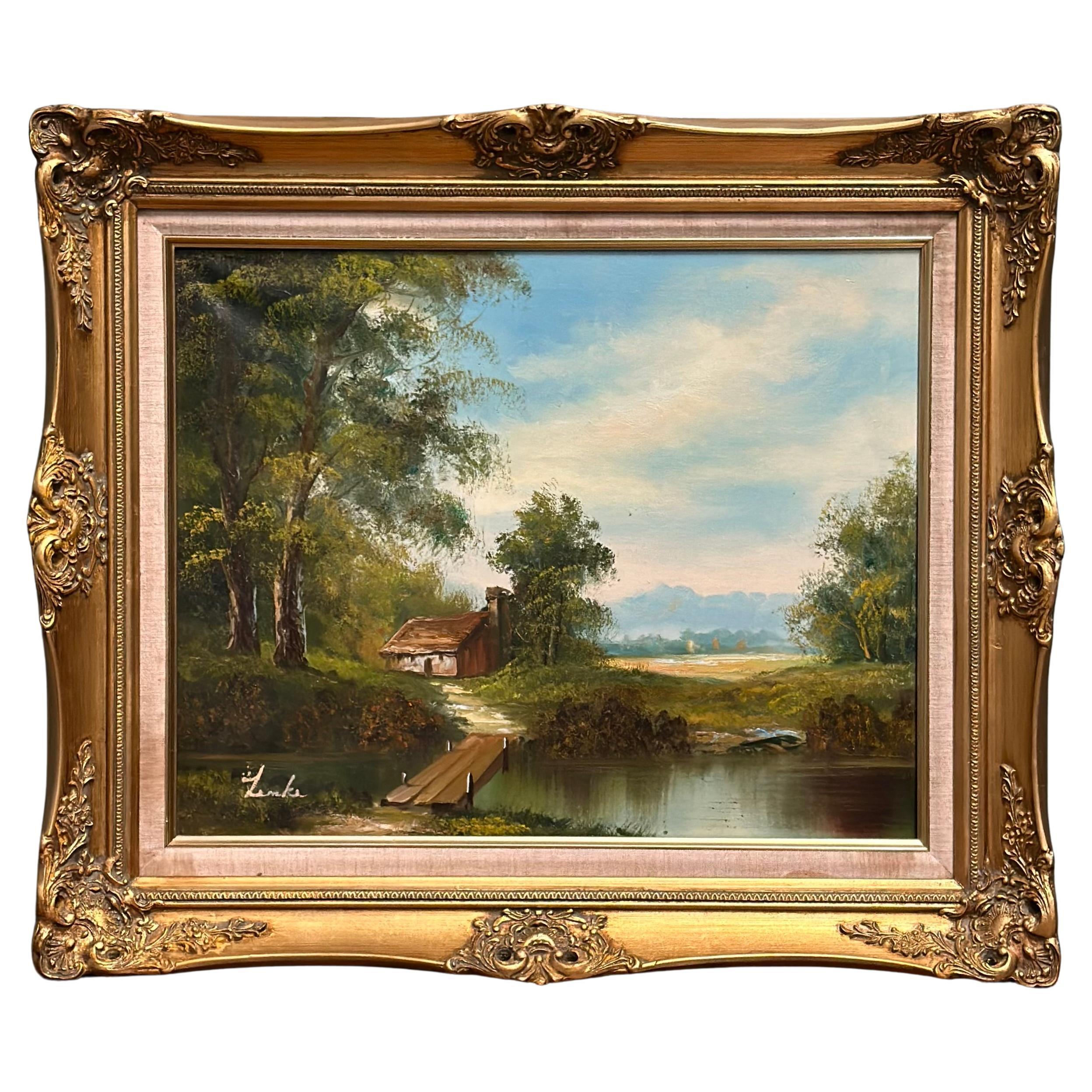 Early 20th Century Oil on Canvas Painting of Cottage in the Woodland Lake  For Sale at 1stDibs