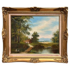 Early 20th Century Oil on Canvas Painting of Cottage in the Woodland Lake