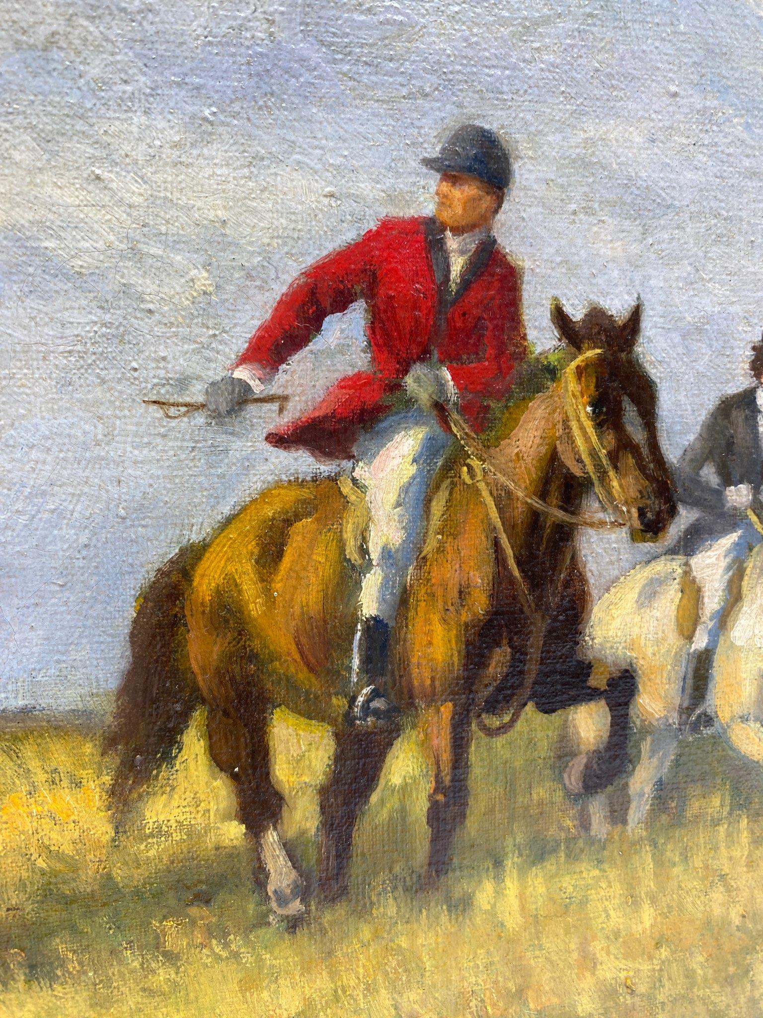 Early 20th Century Oil on Canvas Painting of English Hunt Scene.
Depicts three riders - two men in red coats and female in black coat with four hounds on the chase. Signed - looks to be J Sanderson Wells. Framed in gold gilt frame. England, Early