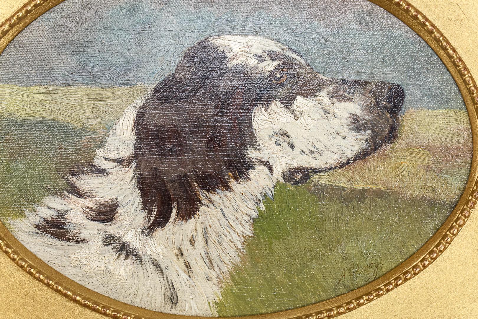 Early 20th century oil on canvas painting of a pointer in the field. Cleaned and restored, signed by Belgian Artist A. Clarys (1857-1920), circa 1890. Alexandre Clarys Studied under Ernest Blanc Garin (1843-1916) at the Academy of Fine Arts