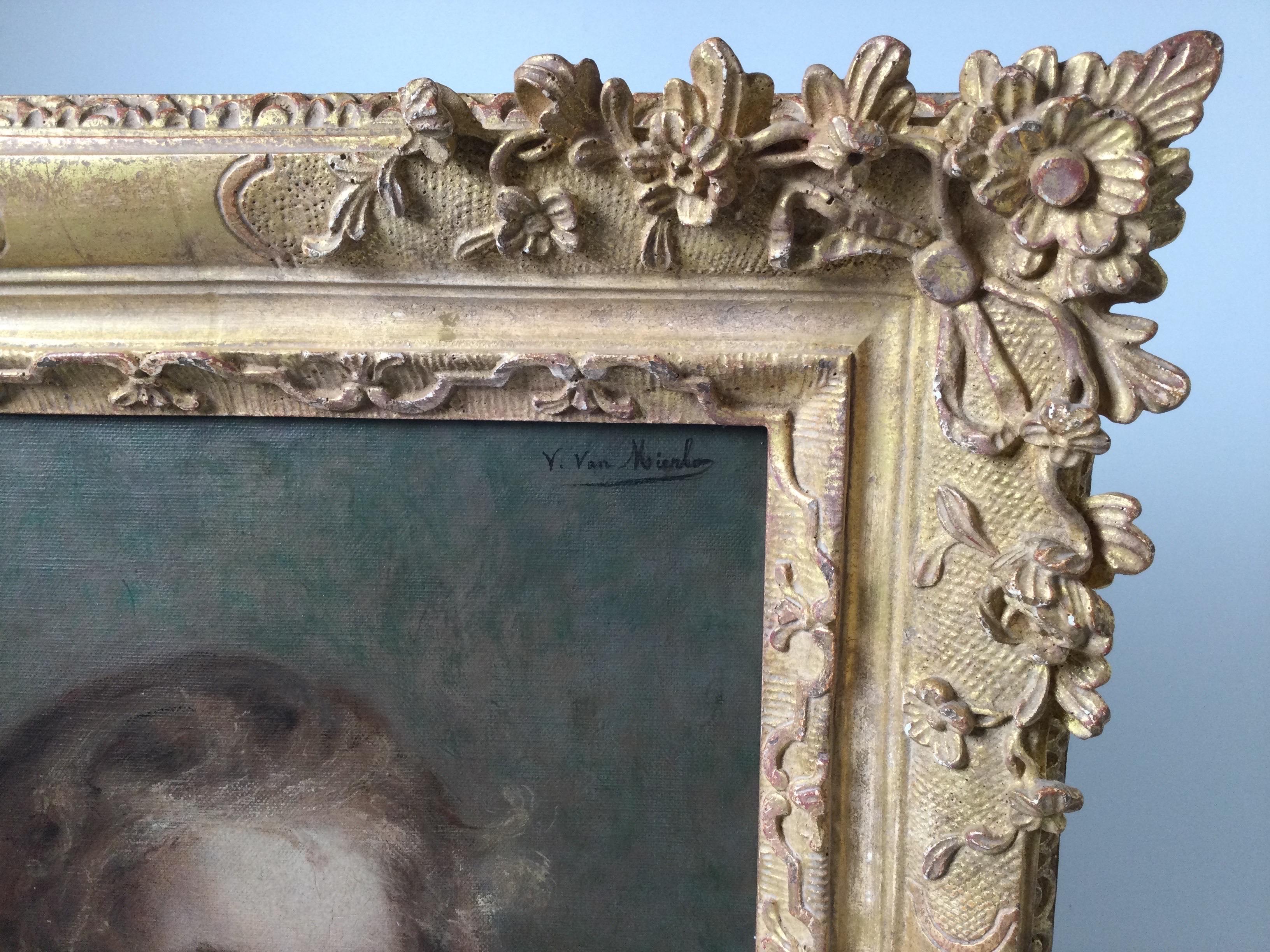 An oil painting on canvas in original giltwood frame of a young girl. The portrait with a think high quality original frame. Excellent condition, measuring 25 inches high, 21 inches wide in frame, the canvas measures 18 high, 14 wide. The child with